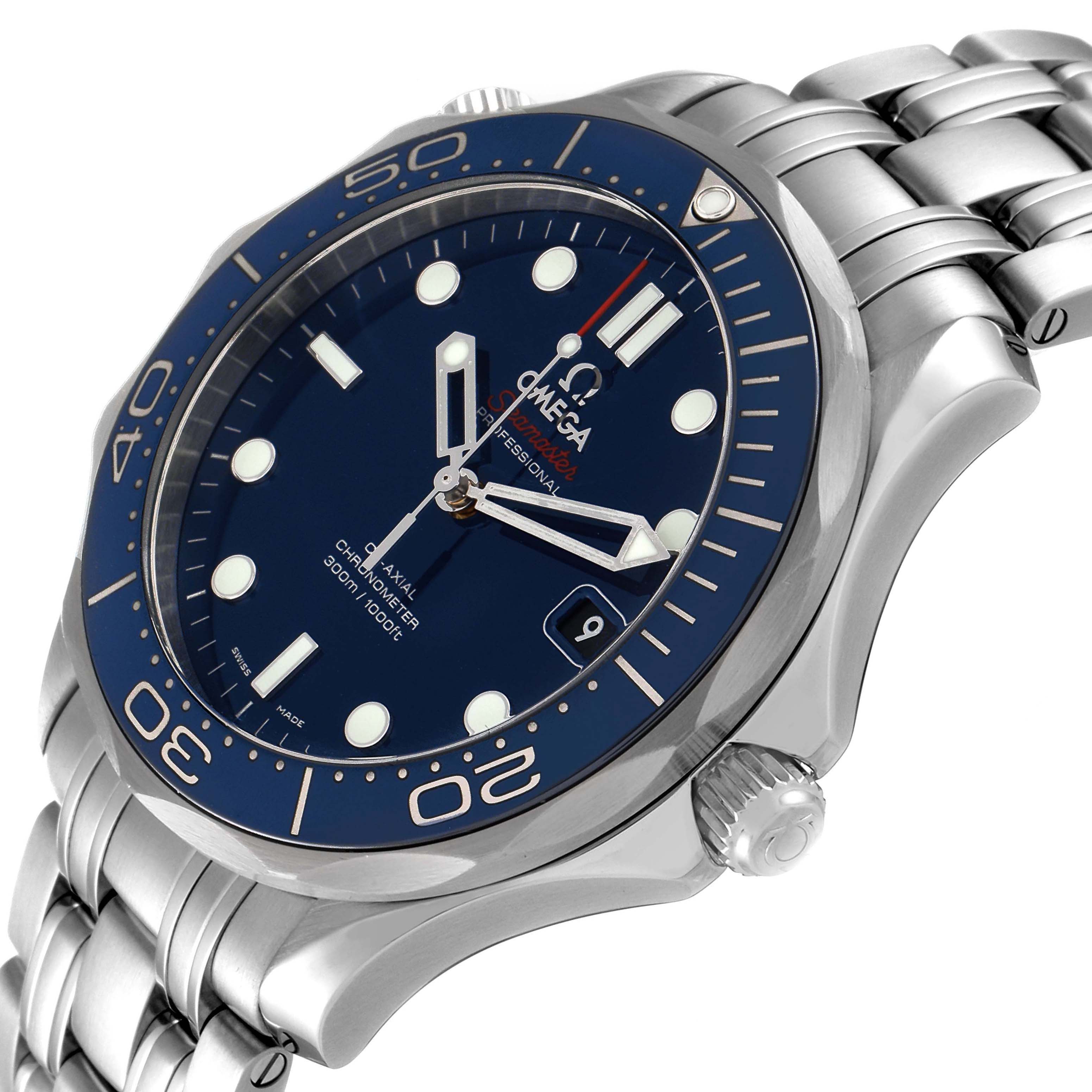 The image shows a side angle of an Omega Seamaster 212.30.41.20.03.001 Men's Stainless Steel Blue Dial 212.30.41.20.03.001 Men's Stainless Steel Blue Dial watch, highlighting the dial, bezel, hands, date window, and steel bracelet.