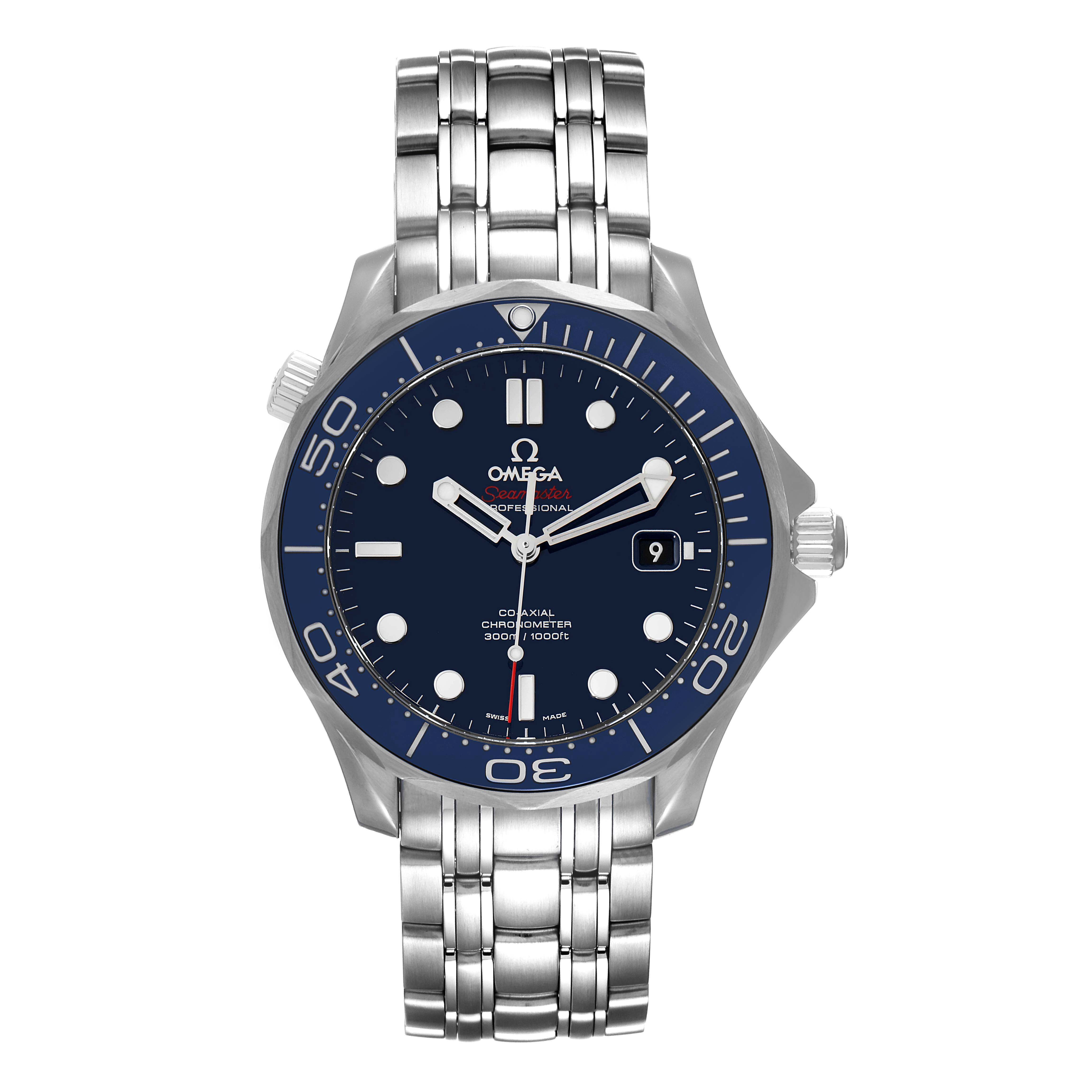 The image shows a front view of the Omega Seamaster 212.30.41.20.03.001 Men's Stainless Steel Blue Dial 212.30.41.20.03.001 Men's Stainless Steel Blue Dial watch, displaying its dial, bezel, bracelet, and crown.