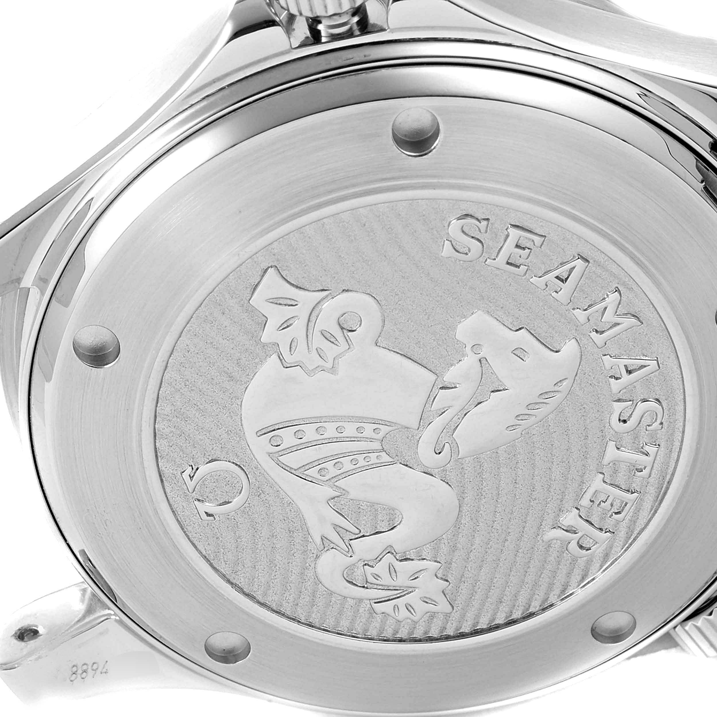 The image shows the back case of an Omega Seamaster 212.30.41.20.03.001 Men's Stainless Steel Blue Dial 212.30.41.20.03.001 Men's Stainless Steel Blue Dial watch, featuring its engraved design and brand name.