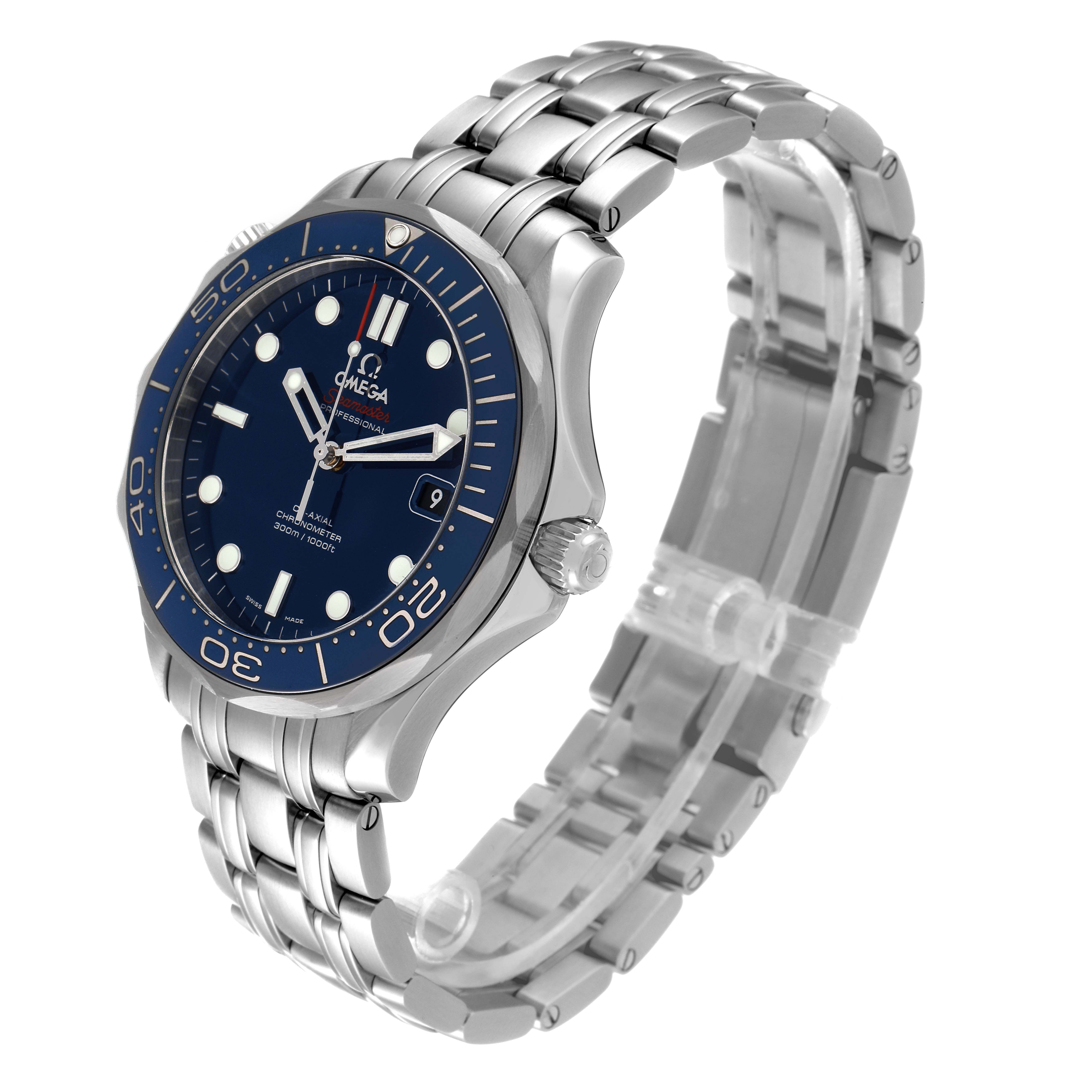 The image shows an angled view of the Omega Seamaster 212.30.41.20.03.001 Men's Stainless Steel Blue Dial 212.30.41.20.03.001 Men's Stainless Steel Blue Dial watch, featuring its face, bezel, crown, and stainless steel bracelet.