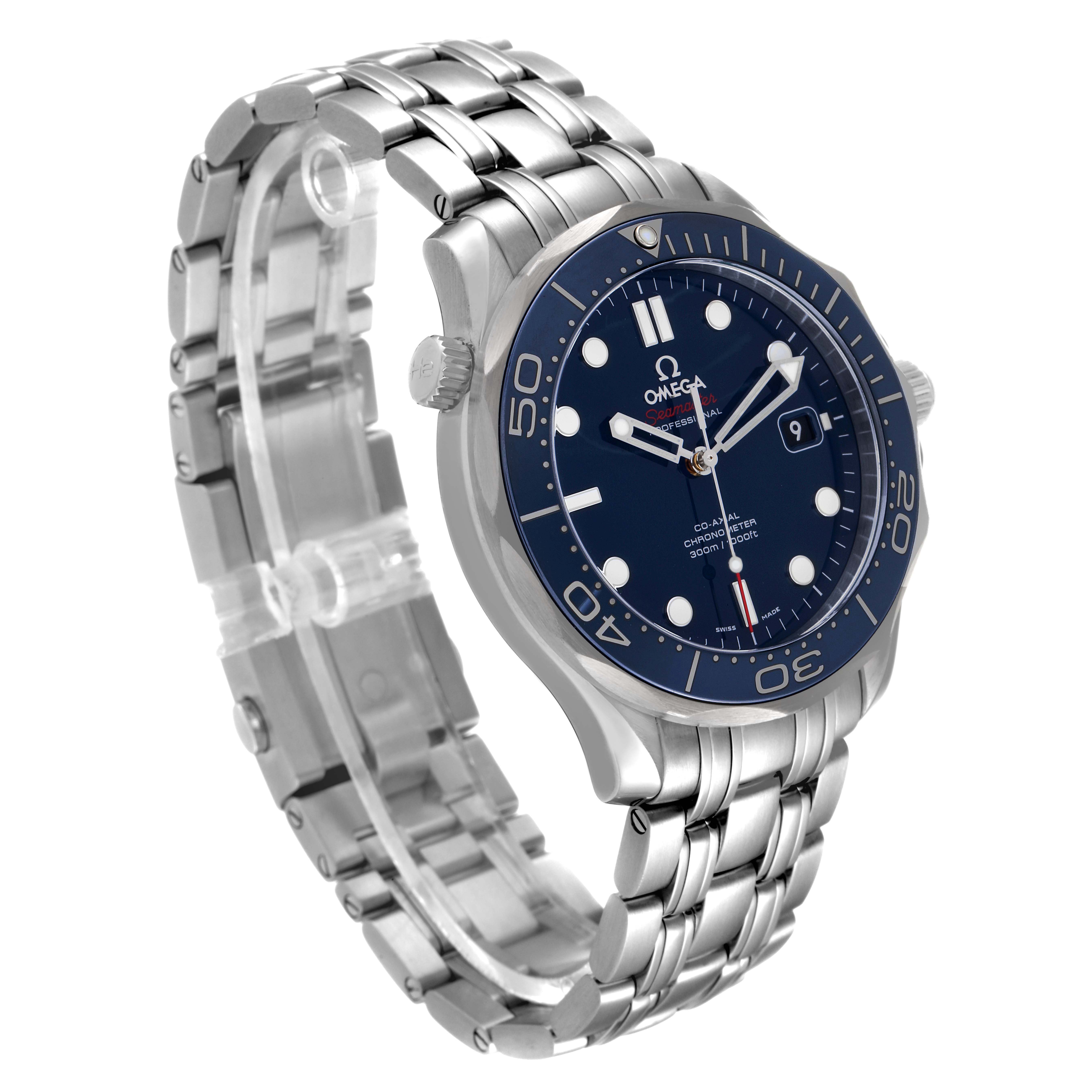 This image shows an Omega Seamaster 212.30.41.20.03.001 Men's Stainless Steel Blue Dial 212.30.41.20.03.001 Men's Stainless Steel Blue Dial watch from a right-front angle, displaying the dial, bezel, crown, and stainless steel bracelet.