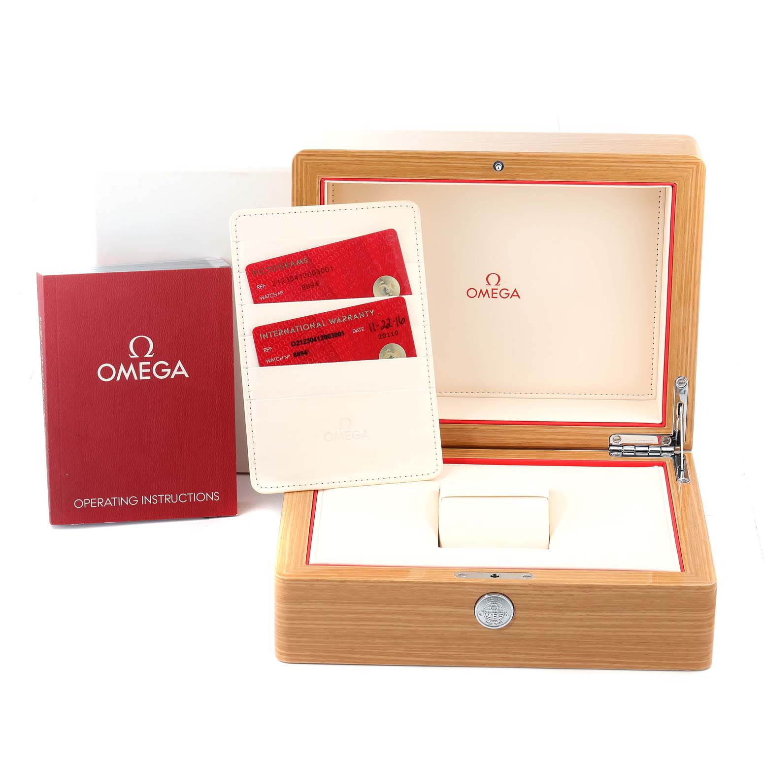 The image shows an Omega Seamaster 212.30.41.20.03.001 Men's Stainless Steel Blue Dial 212.30.41.20.03.001 Men's Stainless Steel Blue Dial watch box, warranty cards, and an operating instructions booklet.