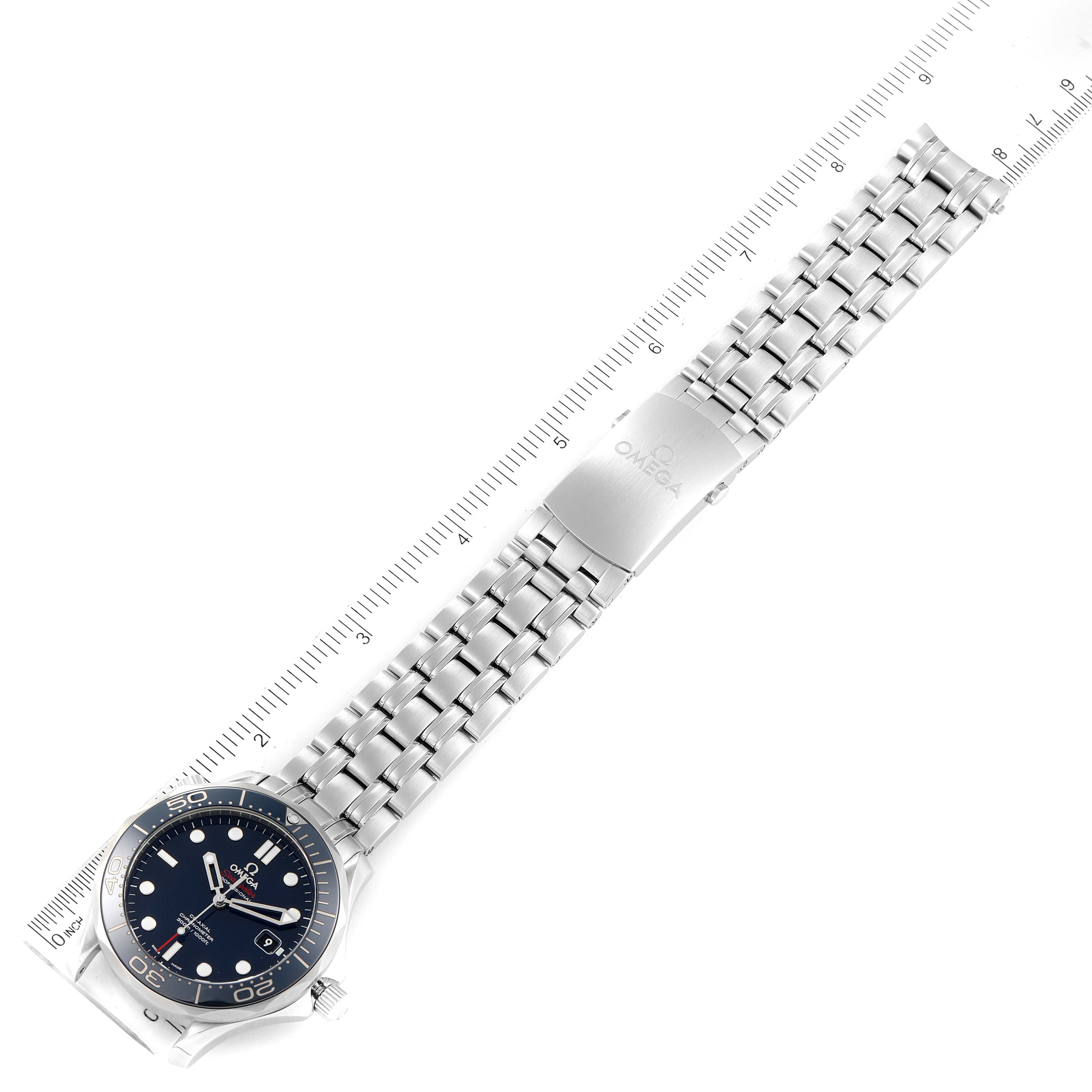 The Omega Seamaster 212.30.41.20.03.001 Men's Stainless Steel Blue Dial 212.30.41.20.03.001 Men's Stainless Steel Blue Dial watch is shown from a top-down angle, displaying the full stainless steel bracelet and bezel.