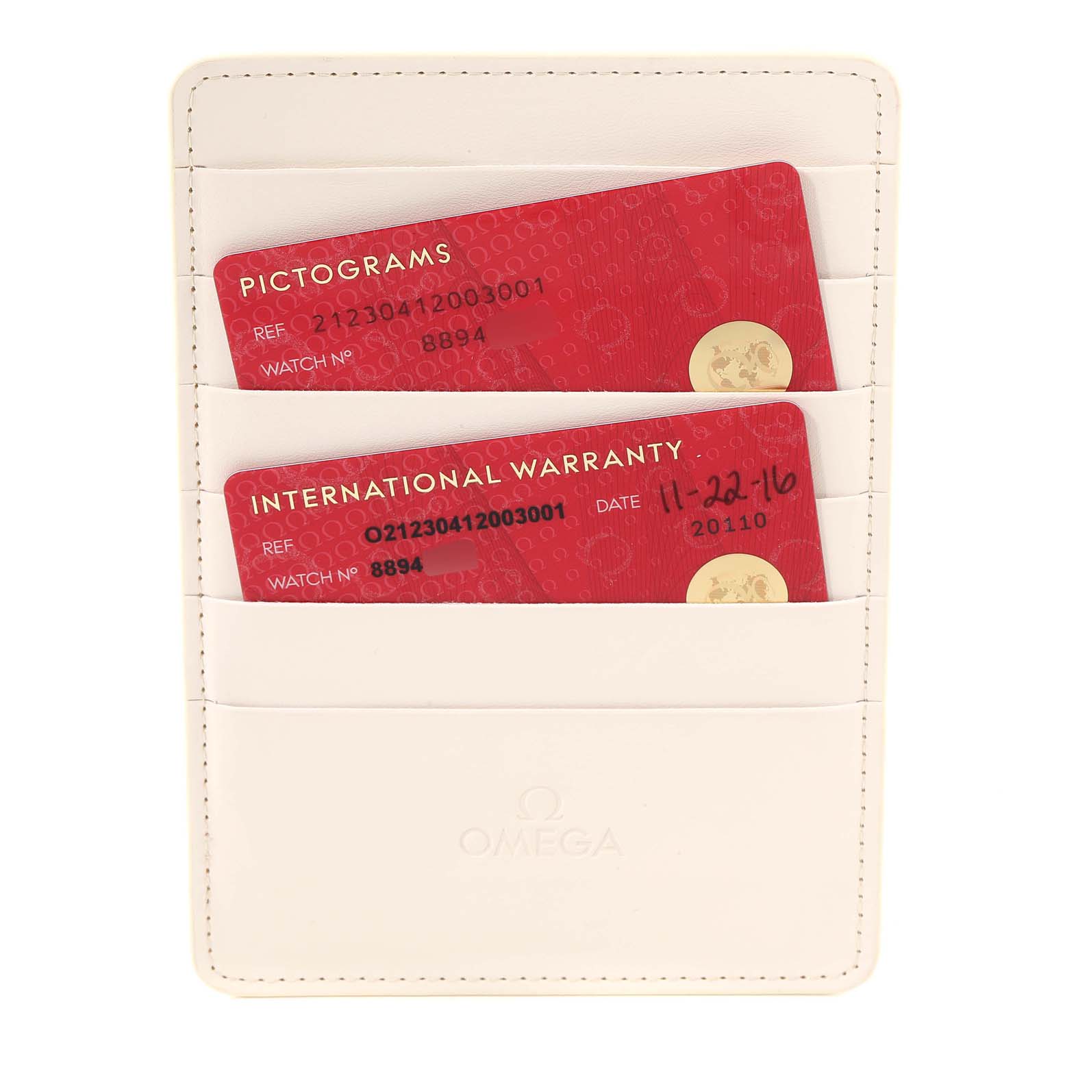 The image shows warranty and pictogram cards for an Omega Seamaster 212.30.41.20.03.001 Men's Stainless Steel Blue Dial 212.30.41.20.03.001 Men's Stainless Steel Blue Dial watch in a white cardholder.