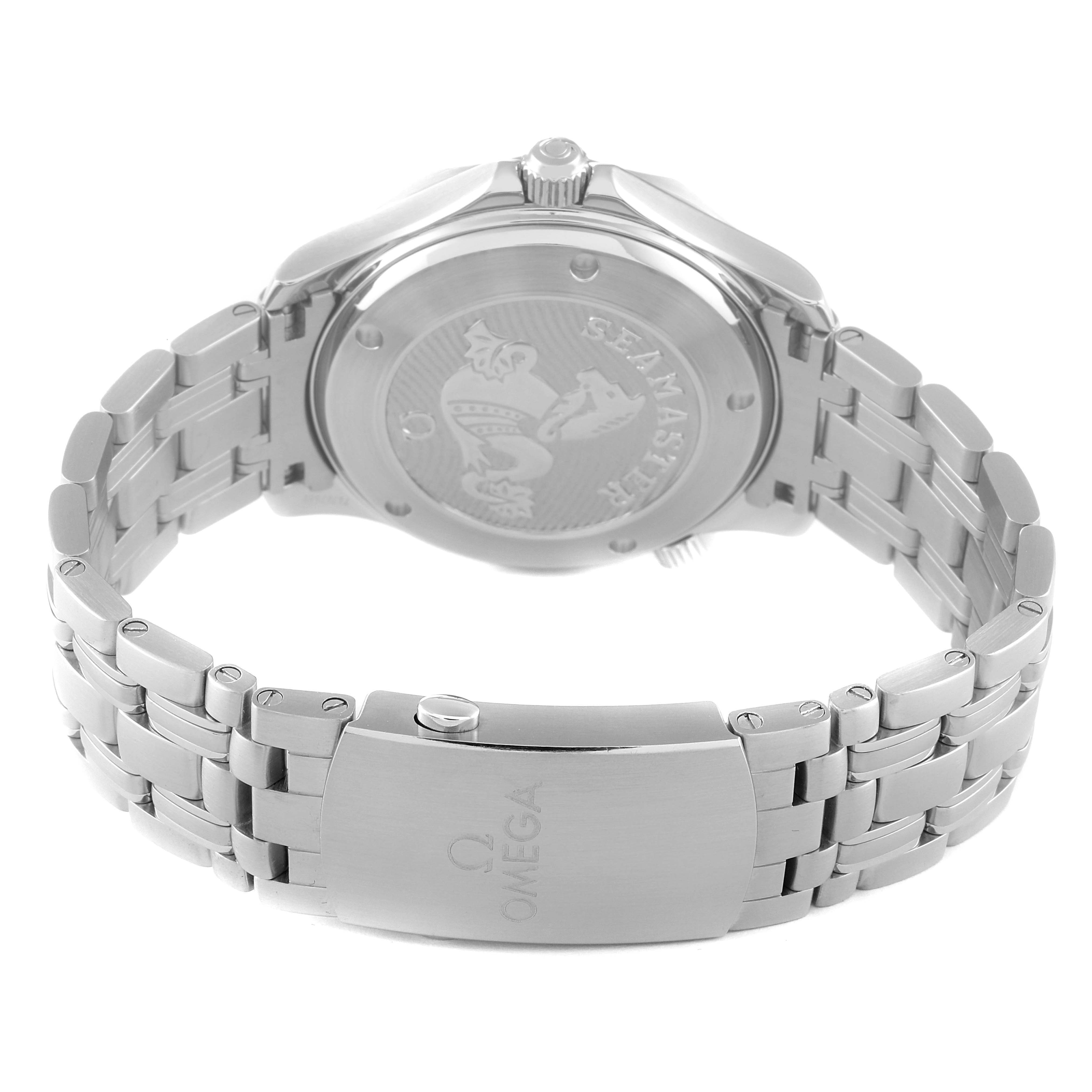 This image shows the back and the metal bracelet of the Omega Seamaster 212.30.41.20.03.001 Men's Stainless Steel Blue Dial 212.30.41.20.03.001 Men's Stainless Steel Blue Dial watch, highlighting its clasp and case back.