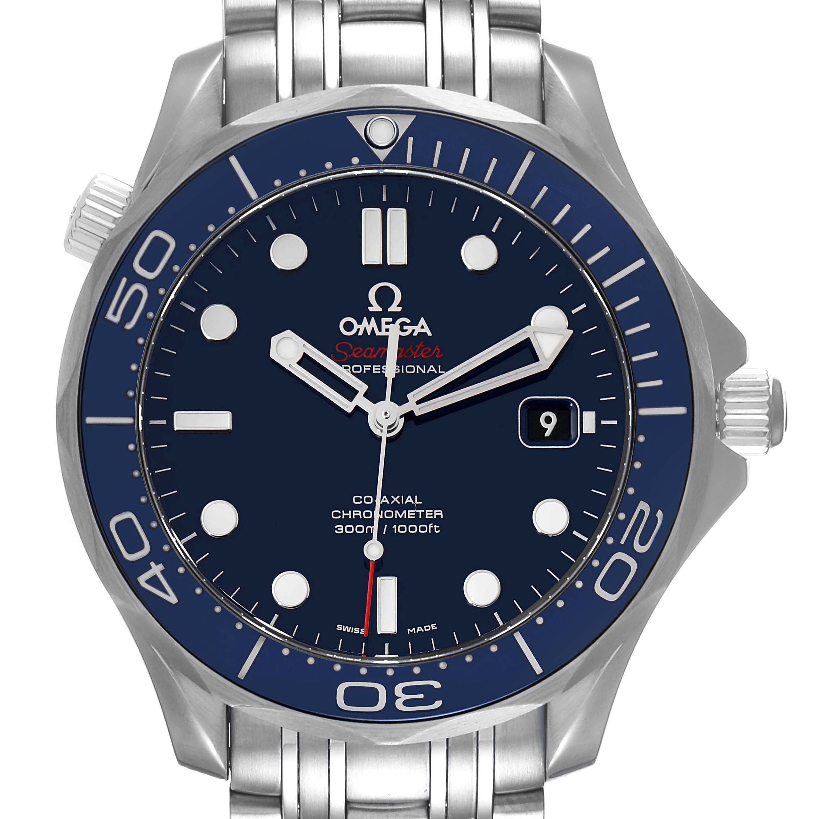 This image shows a front view of the Omega Seamaster 212.30.41.20.03.001 Men's Stainless Steel Blue Dial 212.30.41.20.03.001 Men's Stainless Steel Blue Dial watch, highlighting the blue dial, bezel, and stainless steel bracelet.