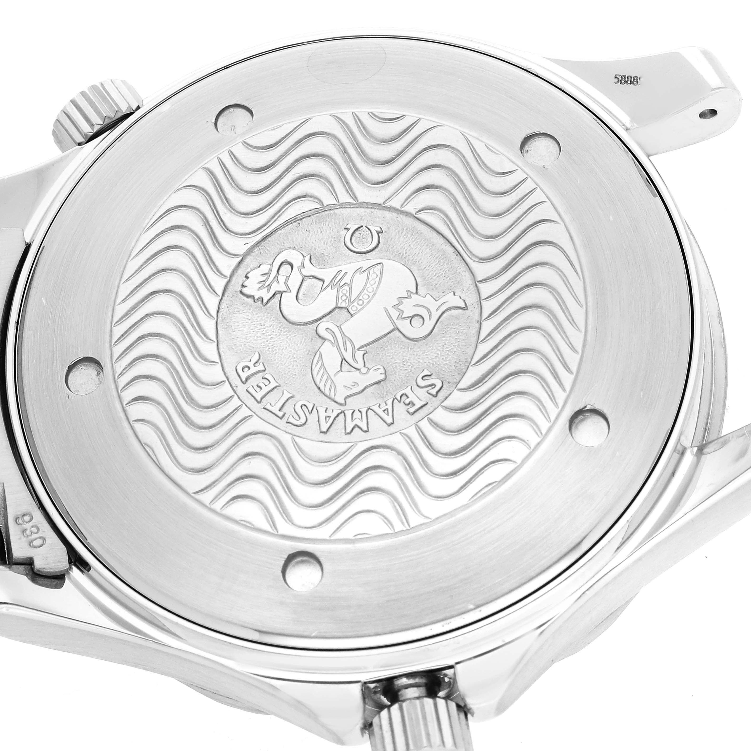 The image shows the back case of an Omega Seamaster 2265.80.00 Men
s Stainless Steel Blue Dial 2265.80.00 Men
s Stainless Steel Blue Dial watch, featuring the engraved logo and wave pattern.