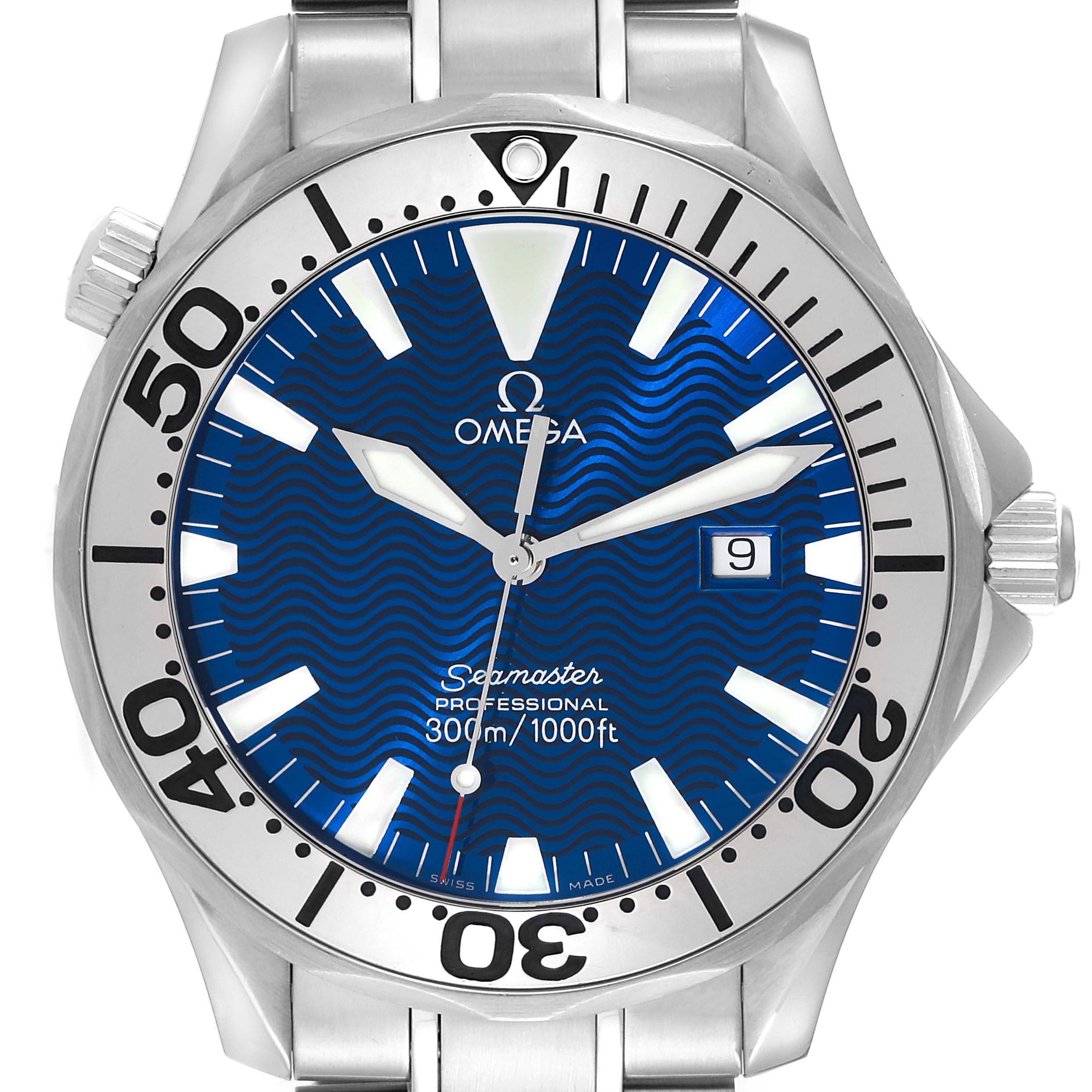 The image shows the front view of an Omega Seamaster 2265.80.00 Men
s Stainless Steel Blue Dial 2265.80.00 Men
s Stainless Steel Blue Dial watch, highlighting its dial, bezel, hands, and date window.