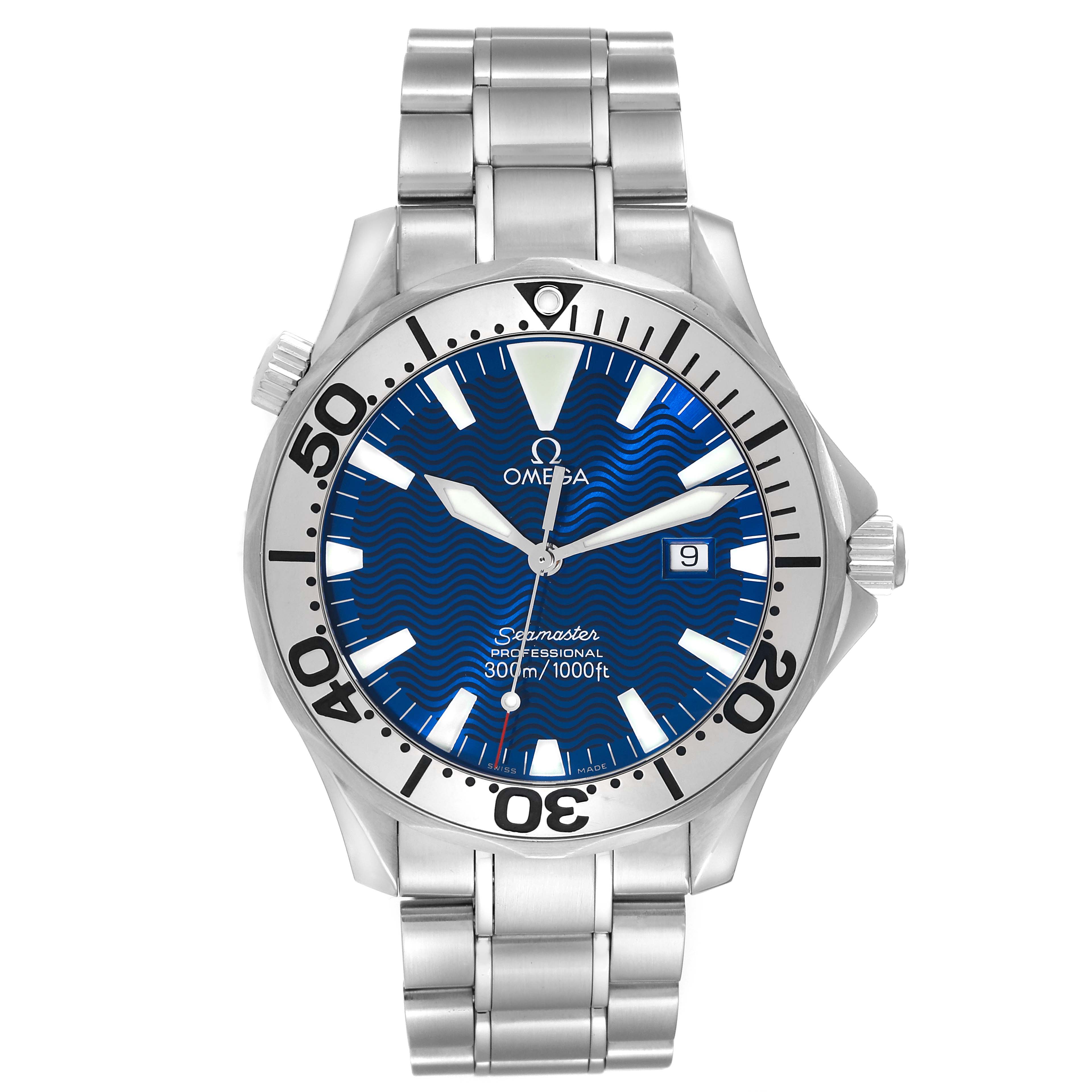 The image shows a front view of an Omega Seamaster 2265.80.00 Men
s Stainless Steel Blue Dial 2265.80.00 Men
s Stainless Steel Blue Dial watch, highlighting its blue dial, bezel, and stainless steel bracelet.