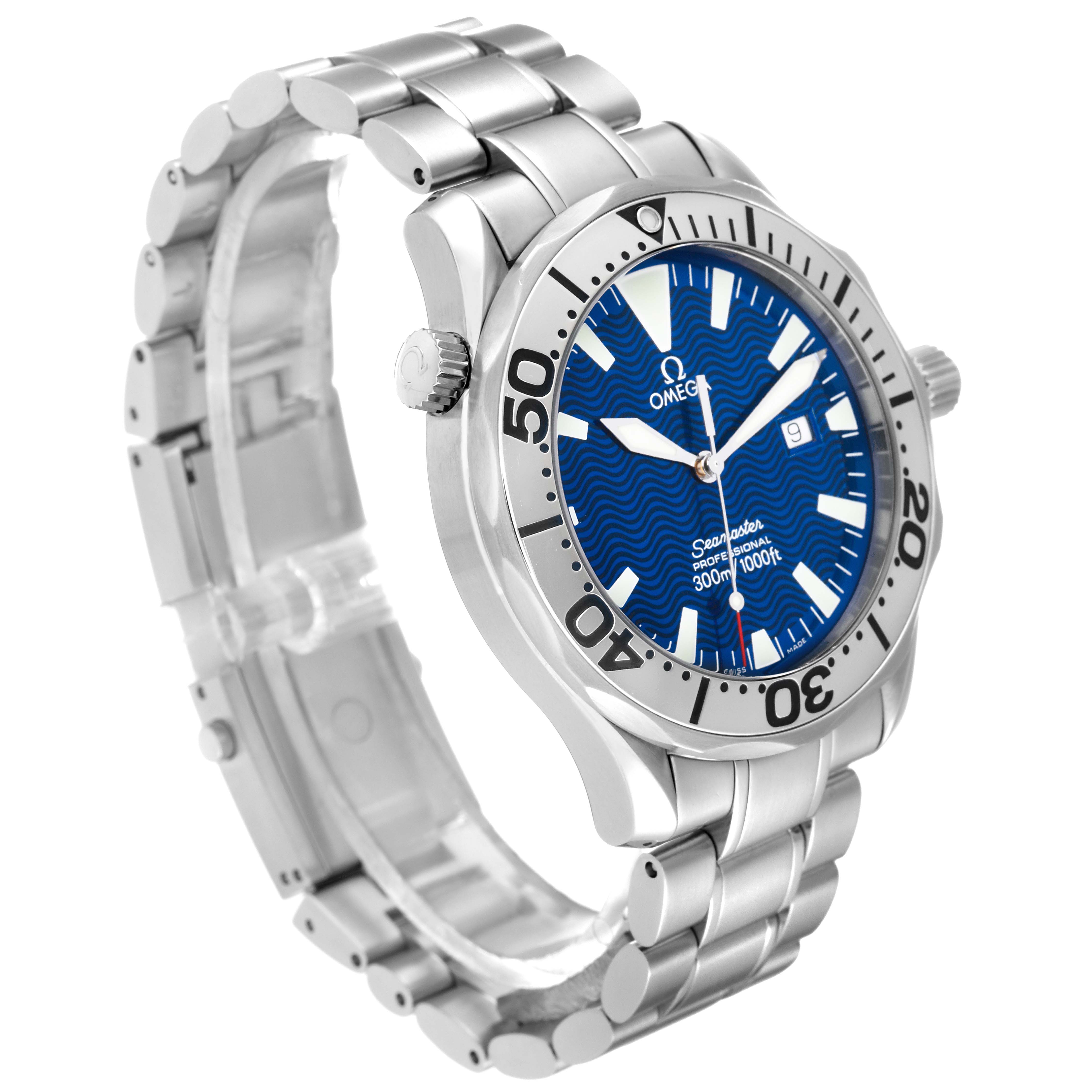 The image shows a side angle of the Omega Seamaster 2265.80.00 Men
s Stainless Steel Blue Dial 2265.80.00 Men
s Stainless Steel Blue Dial watch, highlighting its blue dial, bezel, and stainless steel bracelet.
