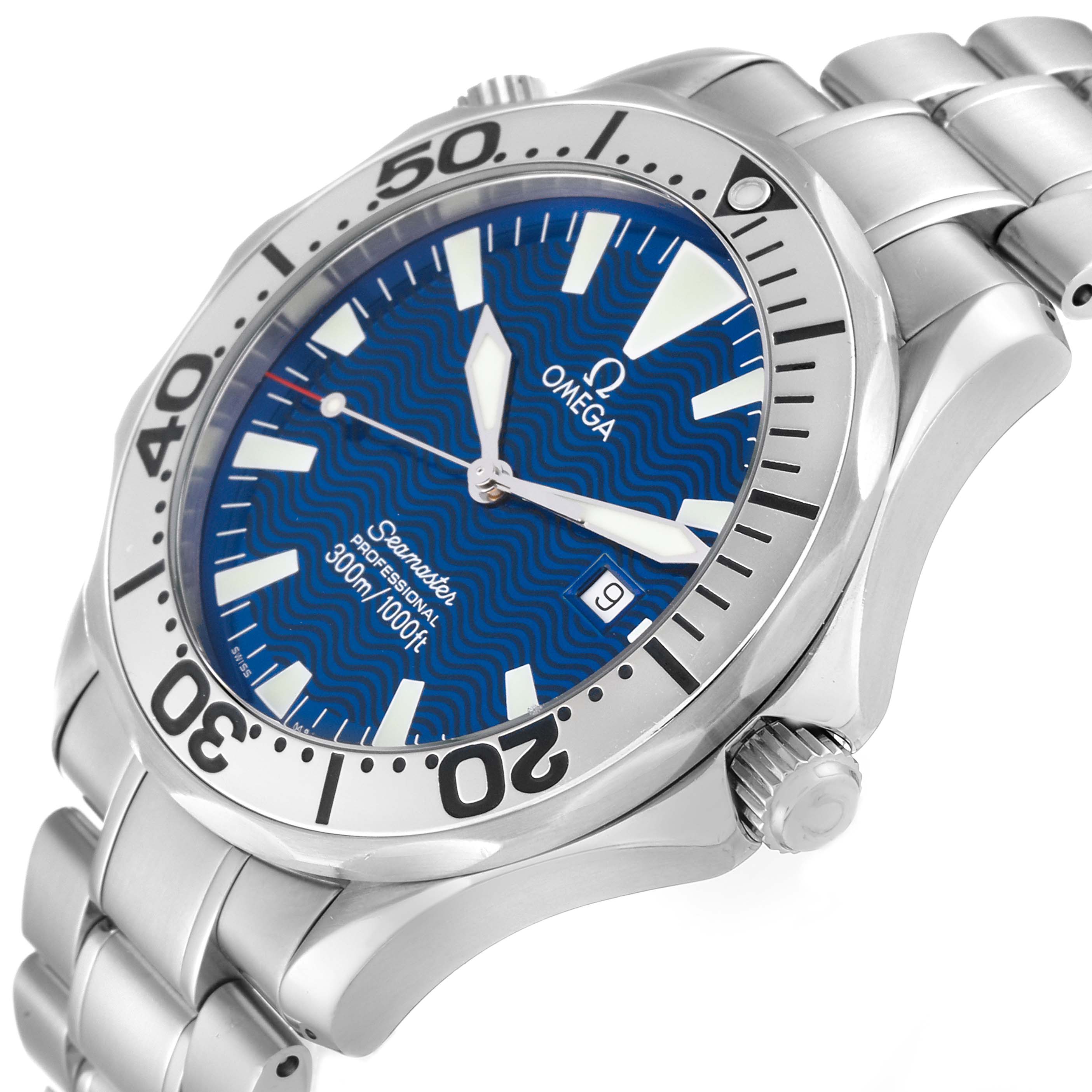 The image shows an Omega Seamaster 2265.80.00 Men
s Stainless Steel Blue Dial 2265.80.00 Men
s Stainless Steel Blue Dial watch at a three-quarter angle, highlighting the face, bezel, crown, and part of the bracelet.