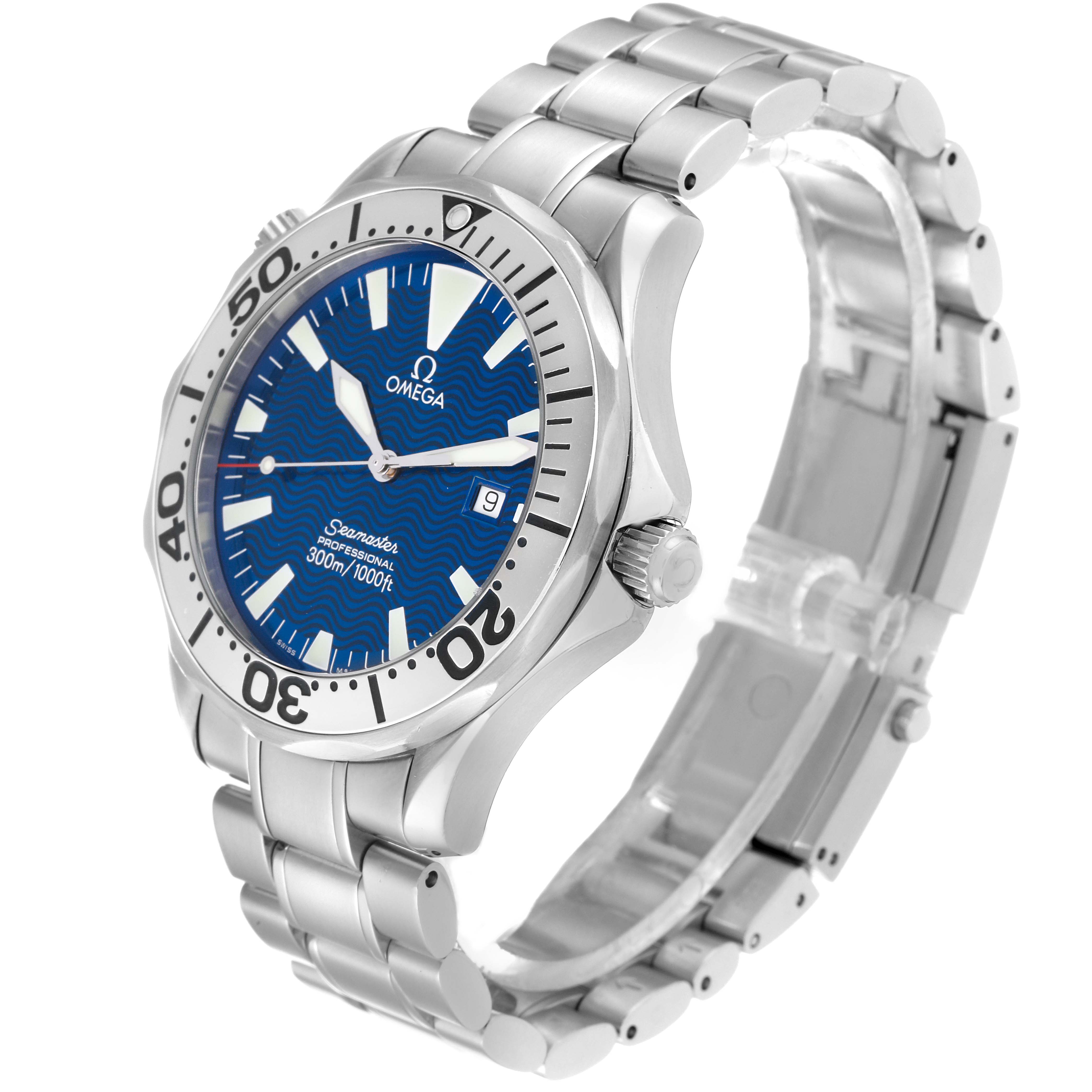 The image shows an angled view of an Omega Seamaster 2265.80.00 Men
s Stainless Steel Blue Dial 2265.80.00 Men
s Stainless Steel Blue Dial watch, focusing on its face, bezel, crown, and bracelet.