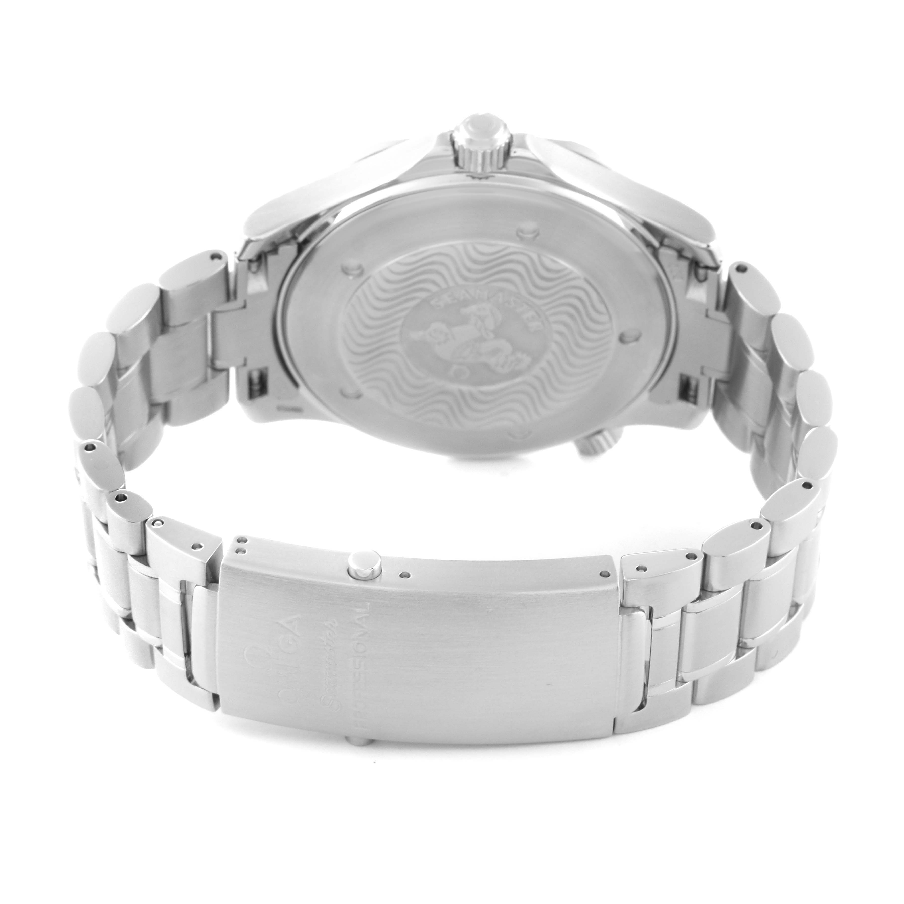 The image shows the back view of an Omega Seamaster 2265.80.00 Men
s Stainless Steel Blue Dial 2265.80.00 Men
s Stainless Steel Blue Dial watch, highlighting the case back and stainless steel bracelet.