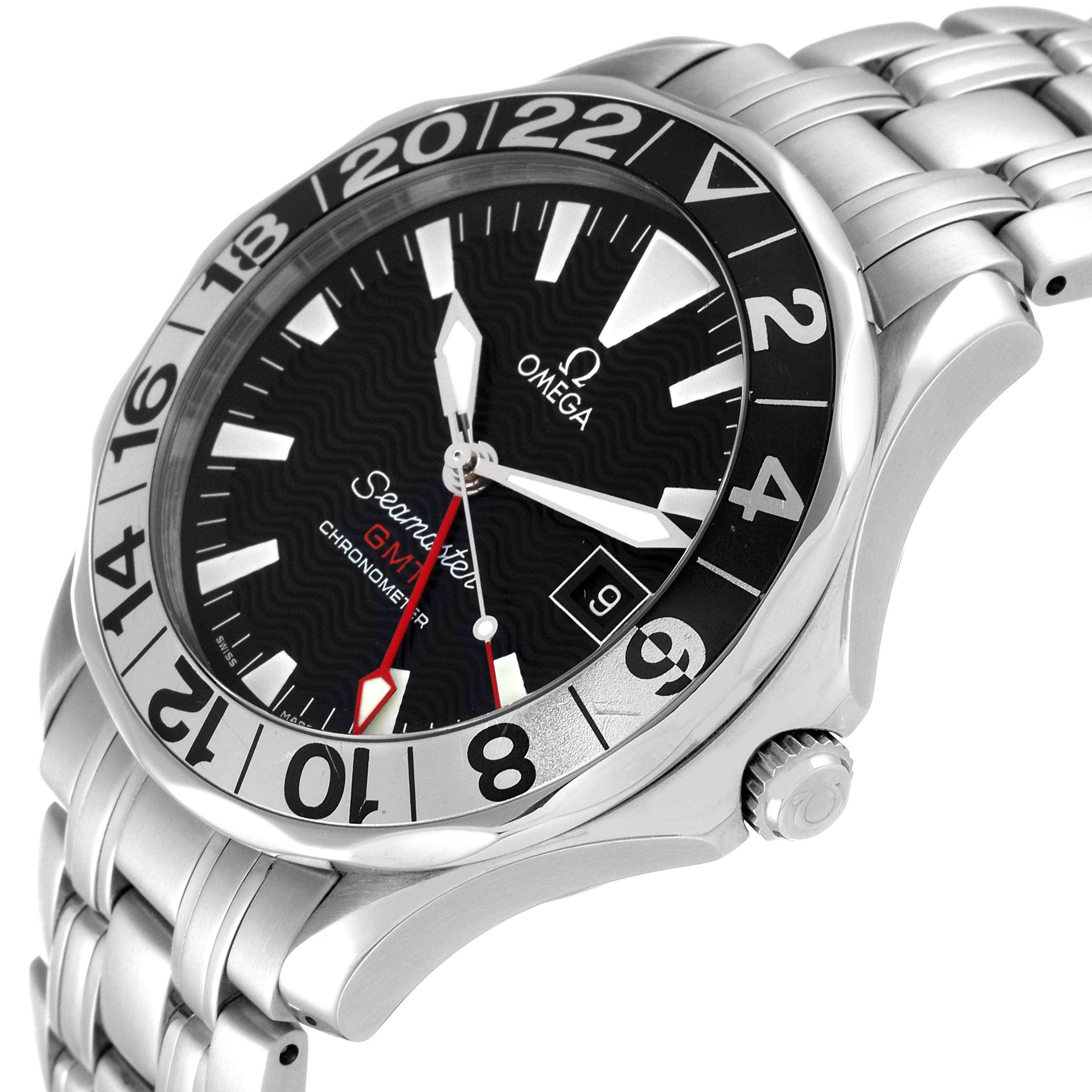 The image shows an Omega Seamaster 2234.50.00 Men's Stainless Steel Black Dial 2234.50.00 Men's Stainless Steel Black Dial watch, angled to display the face, bezel, crown, and part of the stainless steel bracelet.