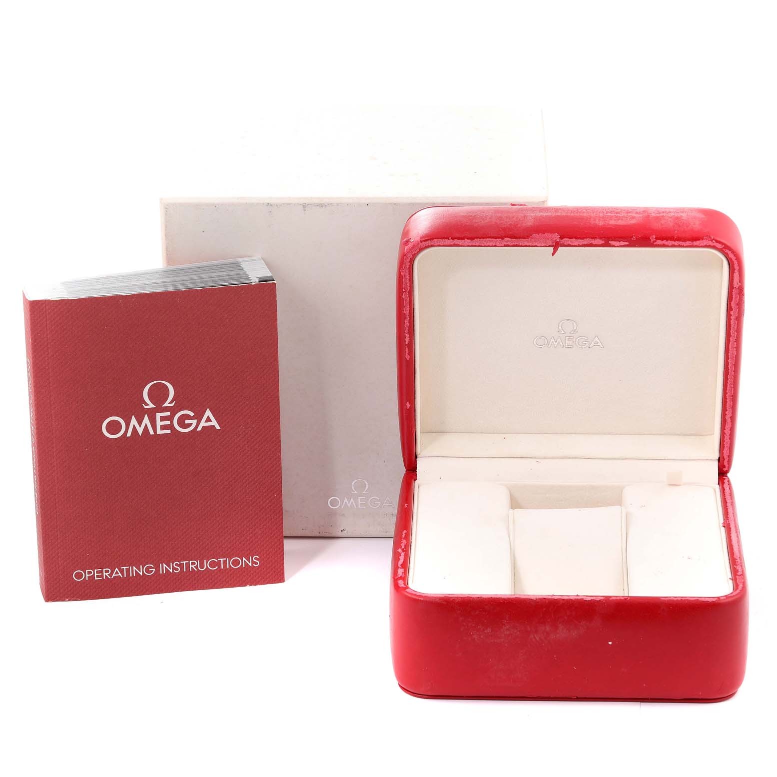 The image shows an Omega Seamaster 2234.50.00 Men's Stainless Steel Black Dial 2234.50.00 Men's Stainless Steel Black Dial watch's red open case and a closed operating instructions manual.