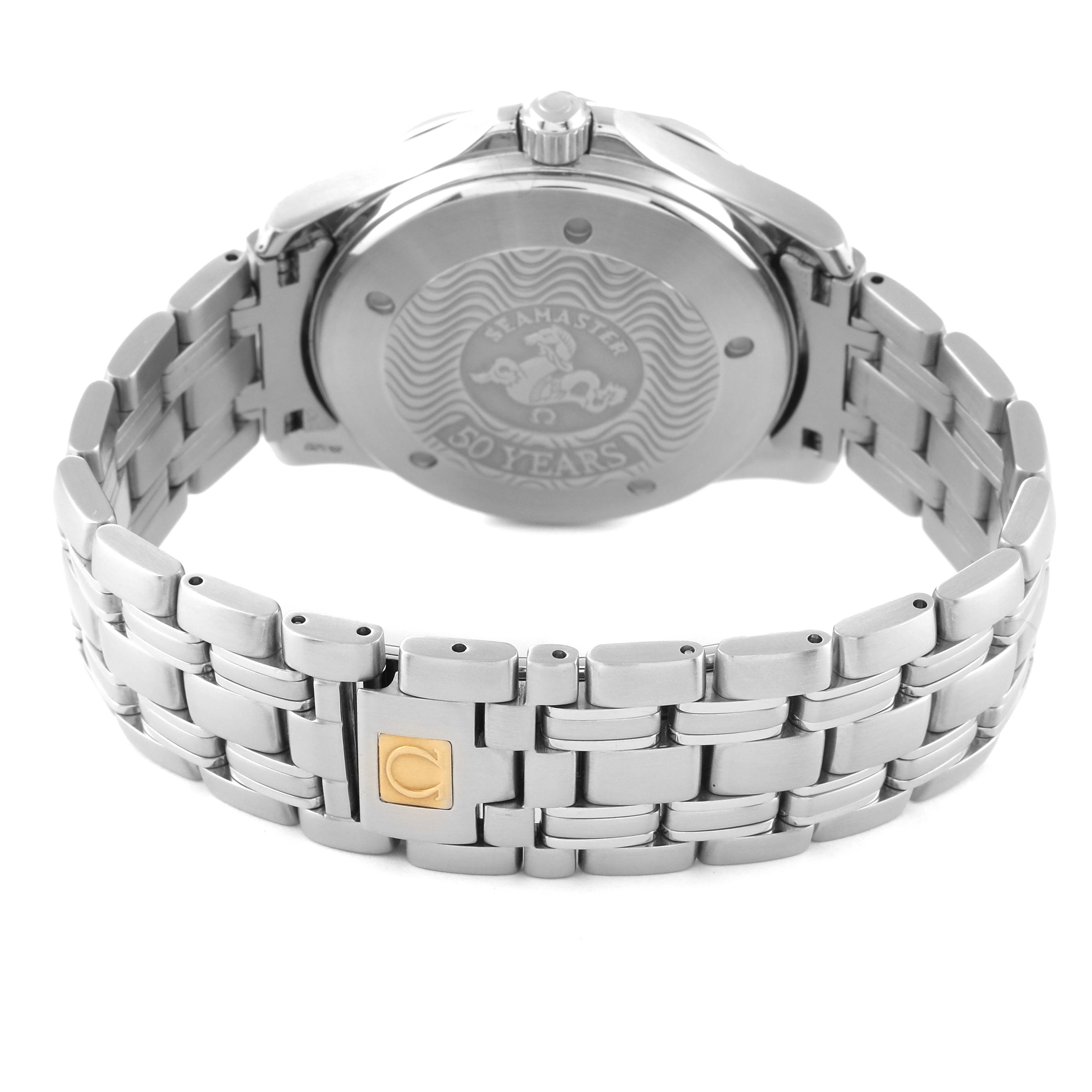 The image shows the back case and the bracelet of the Omega Seamaster 2234.50.00 Men's Stainless Steel Black Dial 2234.50.00 Men's Stainless Steel Black Dial watch, highlighting the engraved case back and clasp.