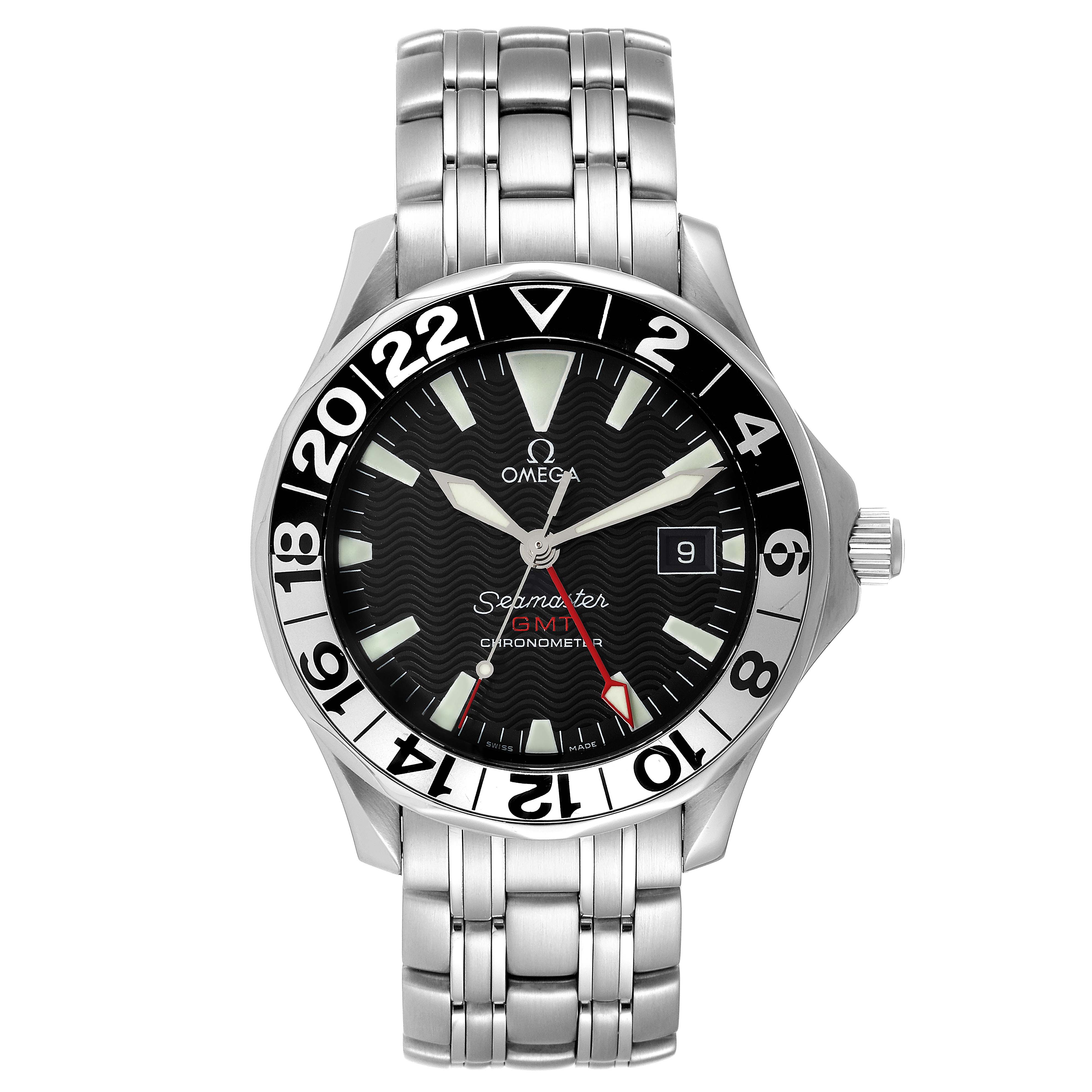 The image shows a front view of an Omega Seamaster 2234.50.00 Men's Stainless Steel Black Dial 2234.50.00 Men's Stainless Steel Black Dial GMT Chronometer watch with a metal bracelet.