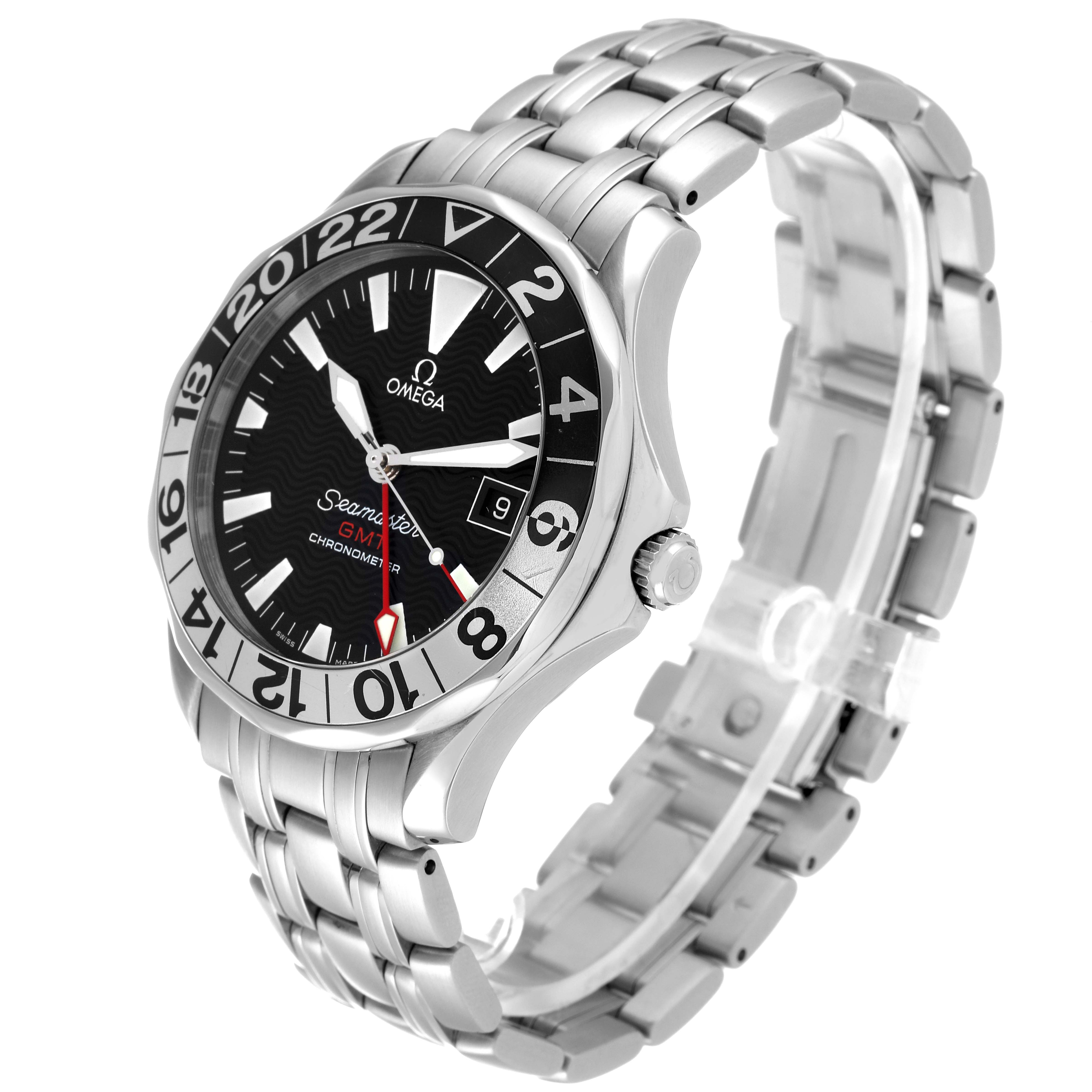 This Omega Seamaster 2234.50.00 Men's Stainless Steel Black Dial 2234.50.00 Men's Stainless Steel Black Dial watch is shown at a three-quarter angle revealing its face, bezel, crown, and stainless steel bracelet.