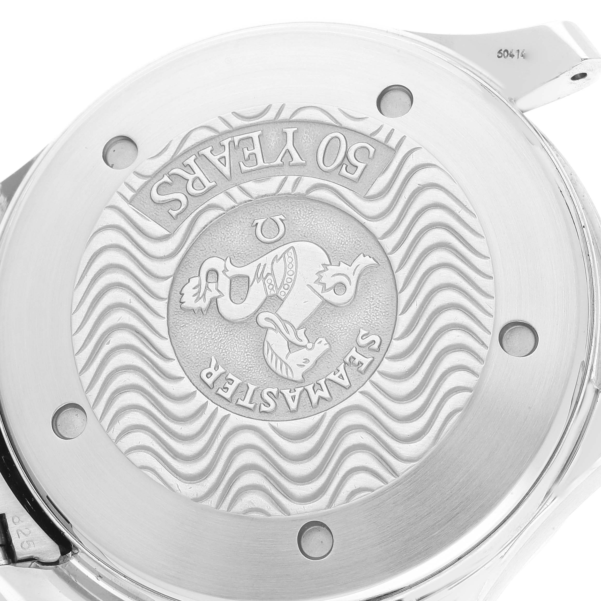 The image shows the case back of the Omega Seamaster 2234.50.00 Men's Stainless Steel Black Dial 2234.50.00 Men's Stainless Steel Black Dial 50 Years Edition watch, featuring engraved text and logo design.