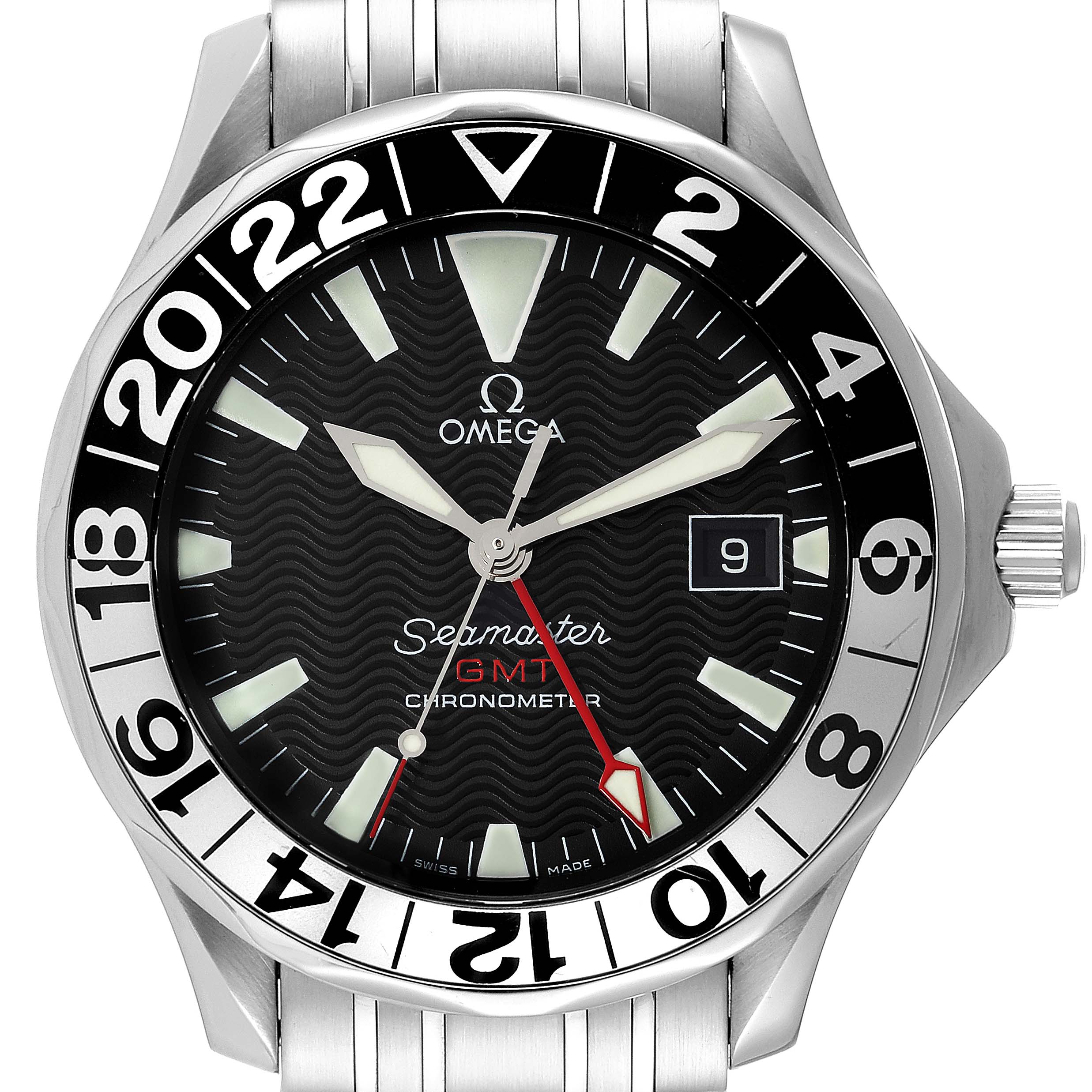The image shows a front view of the Omega Seamaster 2234.50.00 Men's Stainless Steel Black Dial 2234.50.00 Men's Stainless Steel Black Dial model, displaying the dial, hands, date window, and part of the bracelet.