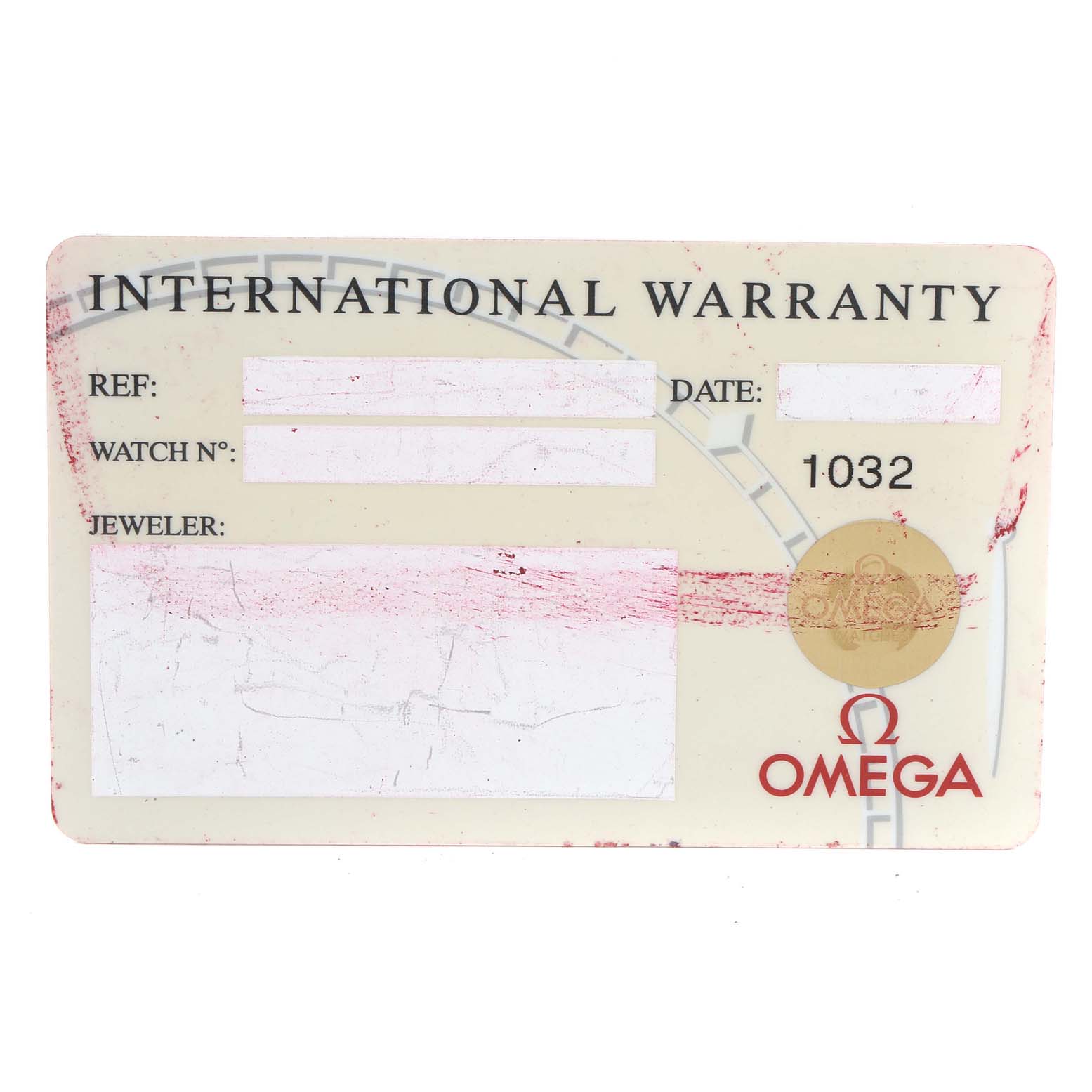 The image shows the International Warranty card for the Omega Seamaster 2534.50.00 Men's Stainless Steel Black Dial 2534.50.00 Men's Stainless Steel Black Dial watch model.