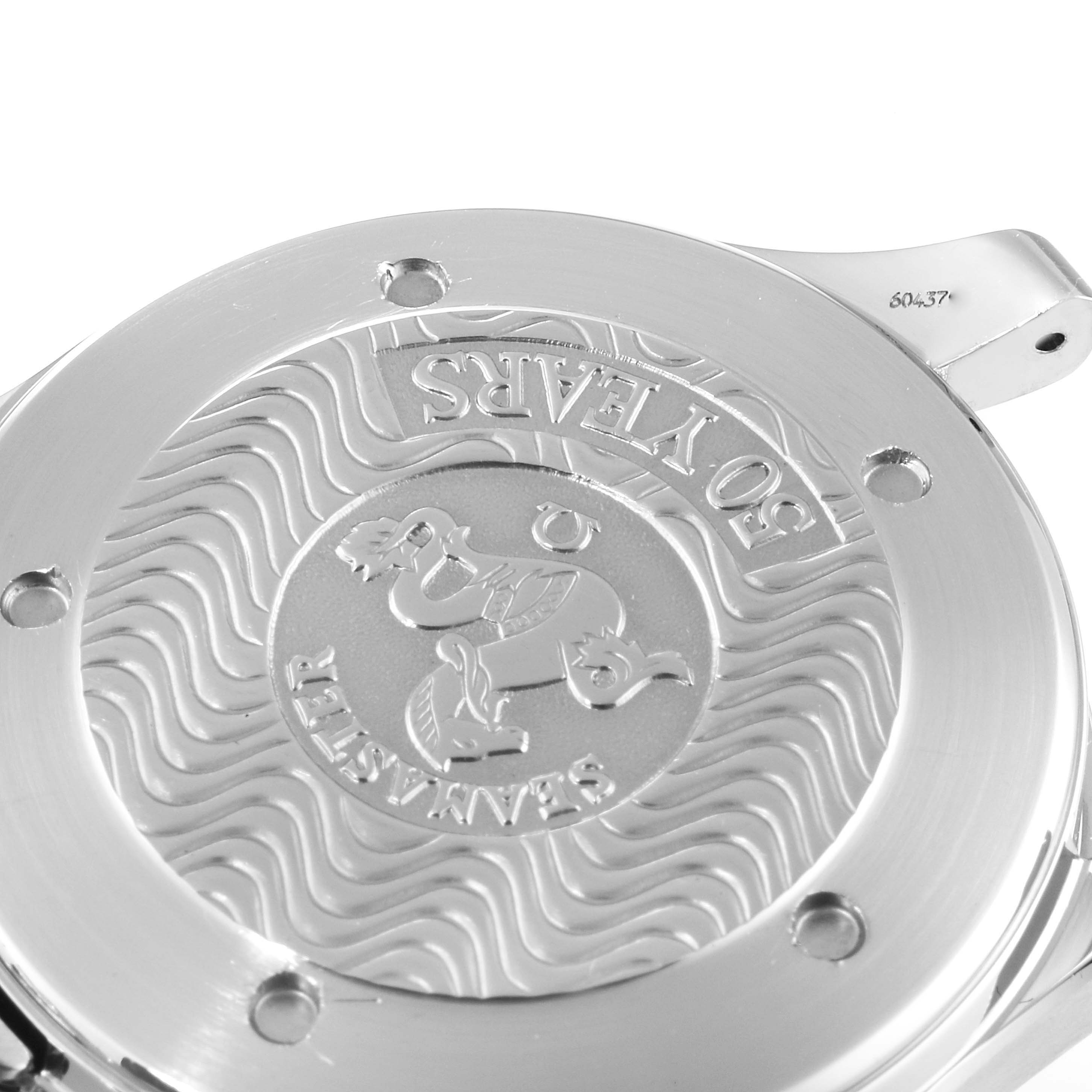 The image shows the back case of an Omega Seamaster 2534.50.00 Men's Stainless Steel Black Dial 2534.50.00 Men's Stainless Steel Black Dial watch, featuring an engraved design with "50 YEARS" and a seahorse.