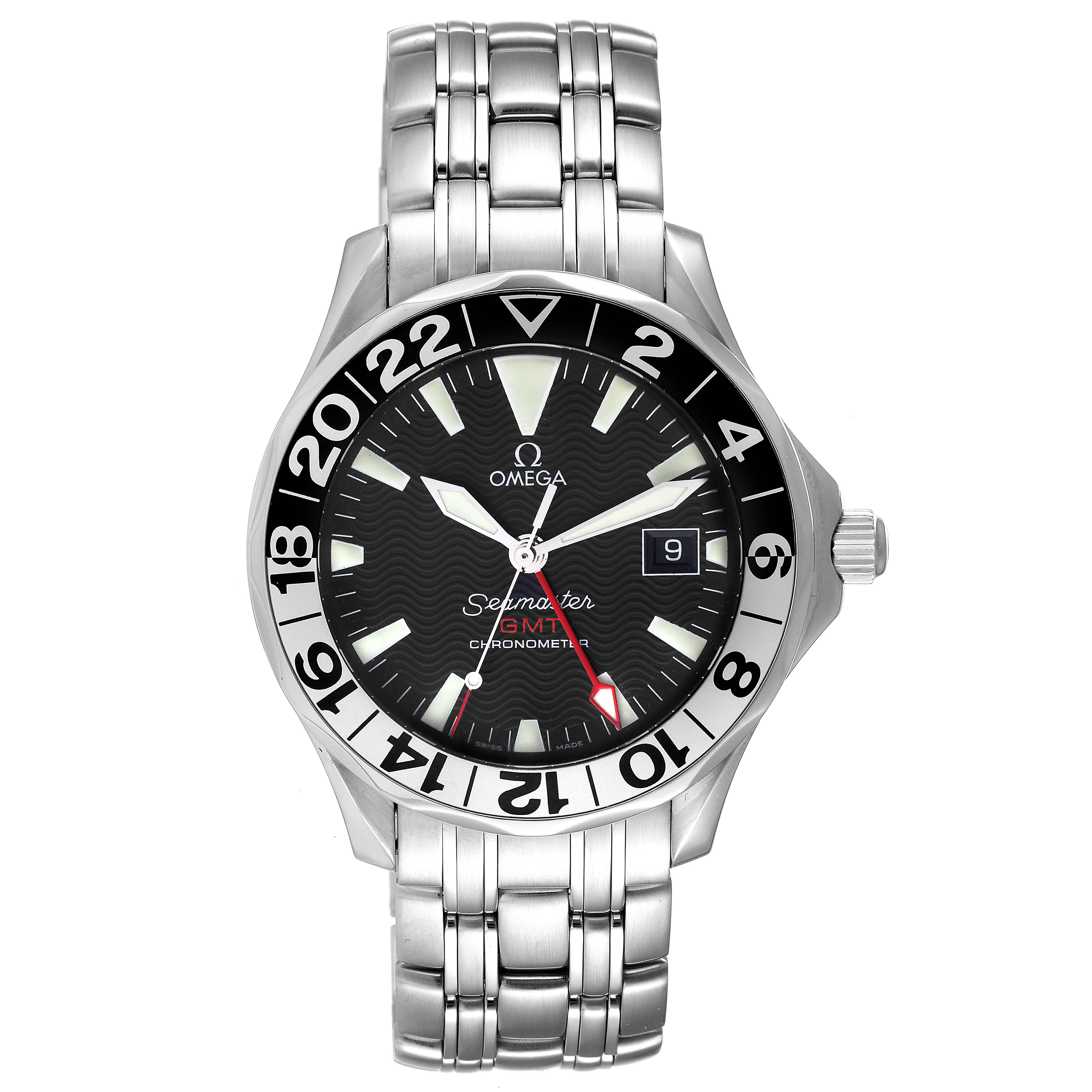 The image shows a front view of the Omega Seamaster 2534.50.00 Men's Stainless Steel Black Dial 2534.50.00 Men's Stainless Steel Black Dial watch, displaying its face, bezel, and bracelet.