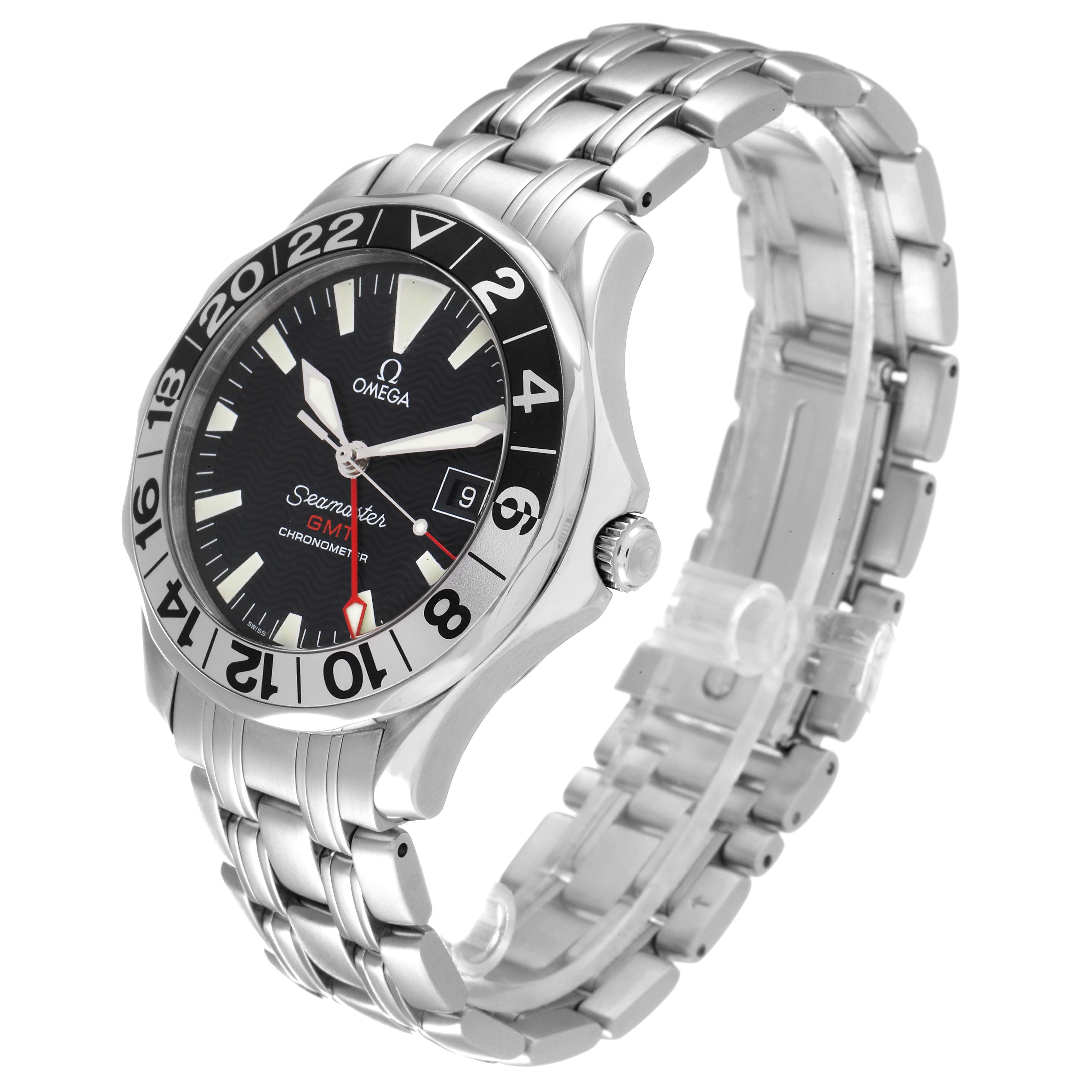 This image shows an Omega Seamaster 2534.50.00 Men's Stainless Steel Black Dial 2534.50.00 Men's Stainless Steel Black Dial watch at a three-quarter angle, highlighting the dial, bezel, crown, and metal bracelet.