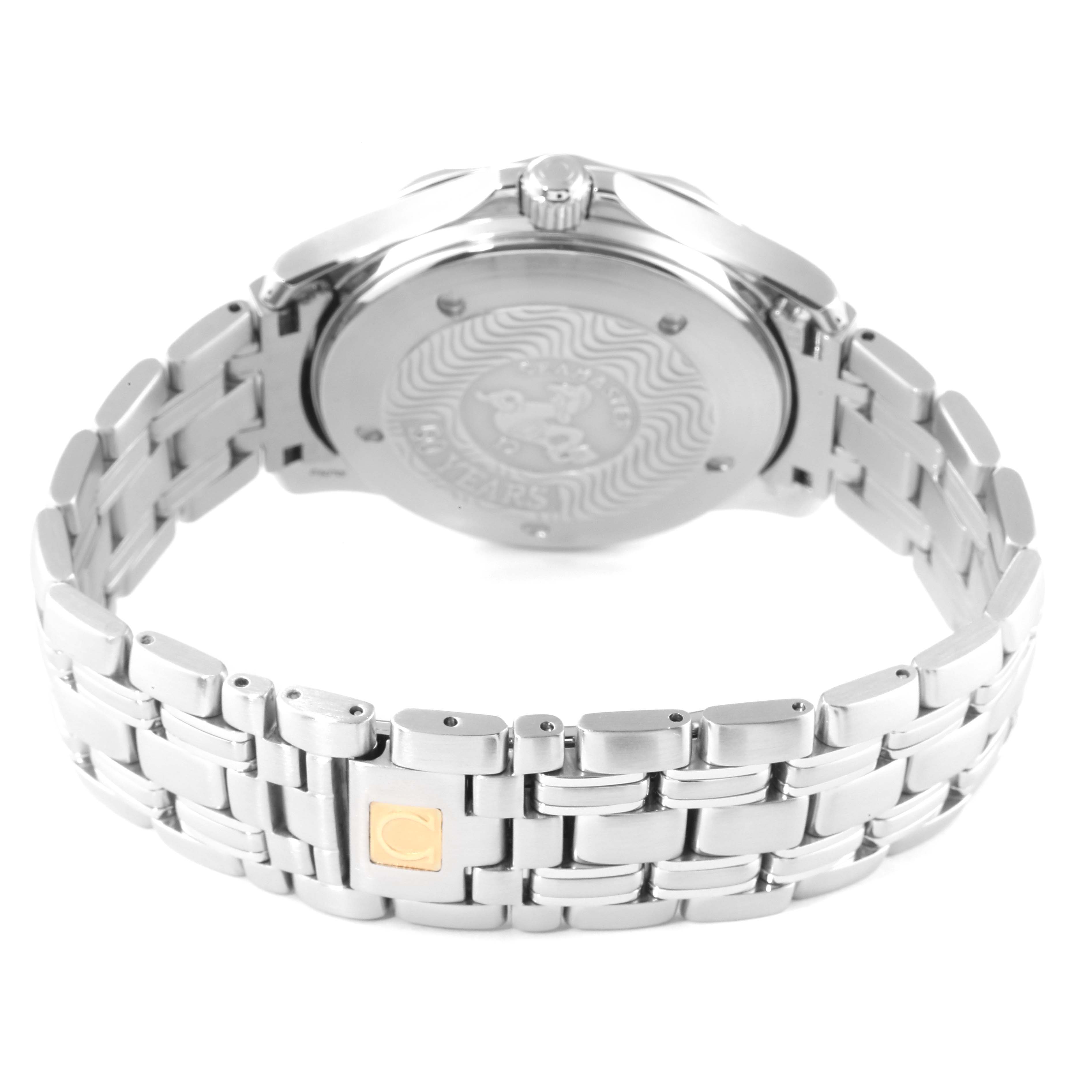 The image shows the back side and bracelet of the Omega Seamaster 2534.50.00 Men's Stainless Steel Black Dial 2534.50.00 Men's Stainless Steel Black Dial watch, highlighting the case back and clasp.