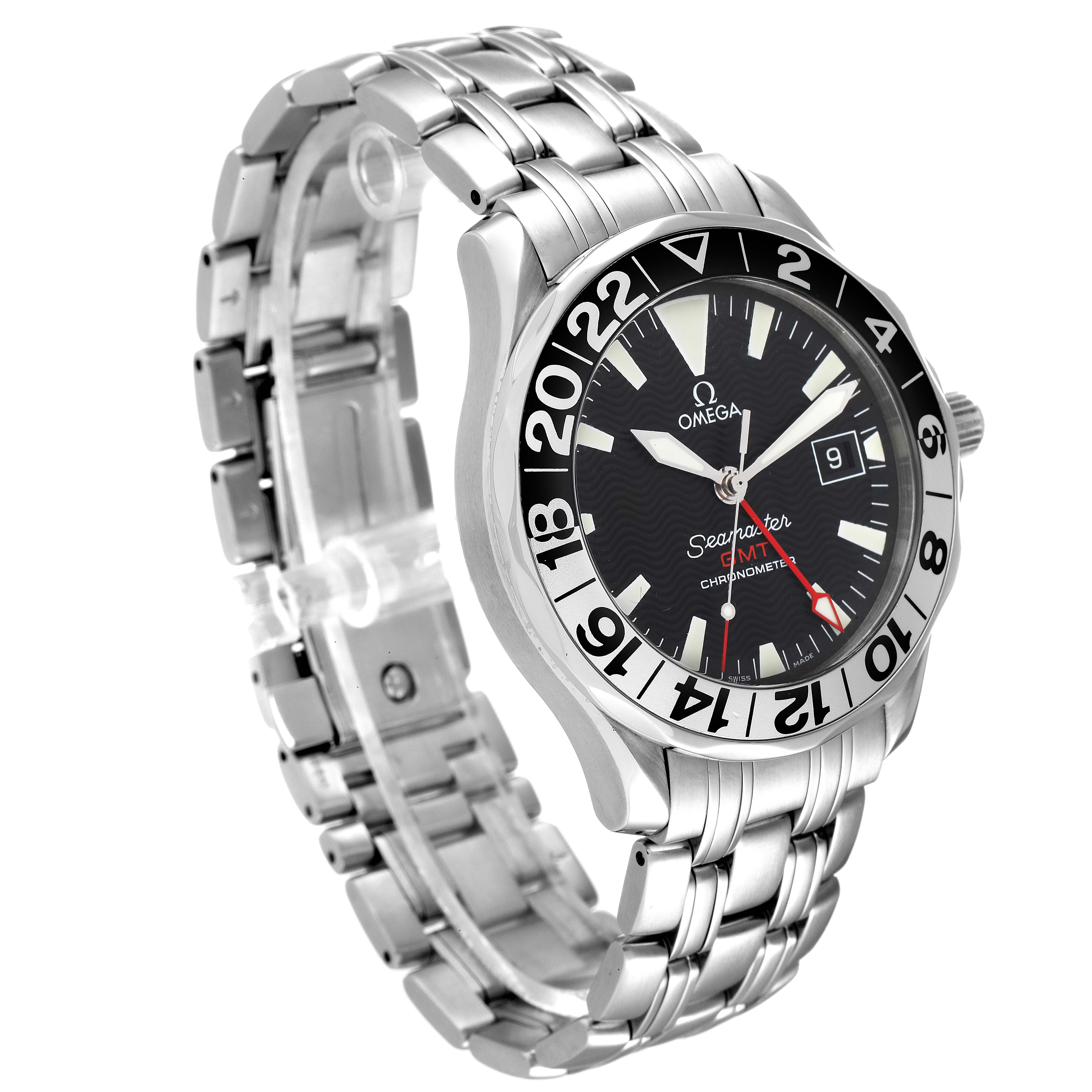 The Omega Seamaster 2534.50.00 Men's Stainless Steel Black Dial 2534.50.00 Men's Stainless Steel Black Dial watch is shown at a slight side angle, displaying the dial, bezel, and metal bracelet clearly.