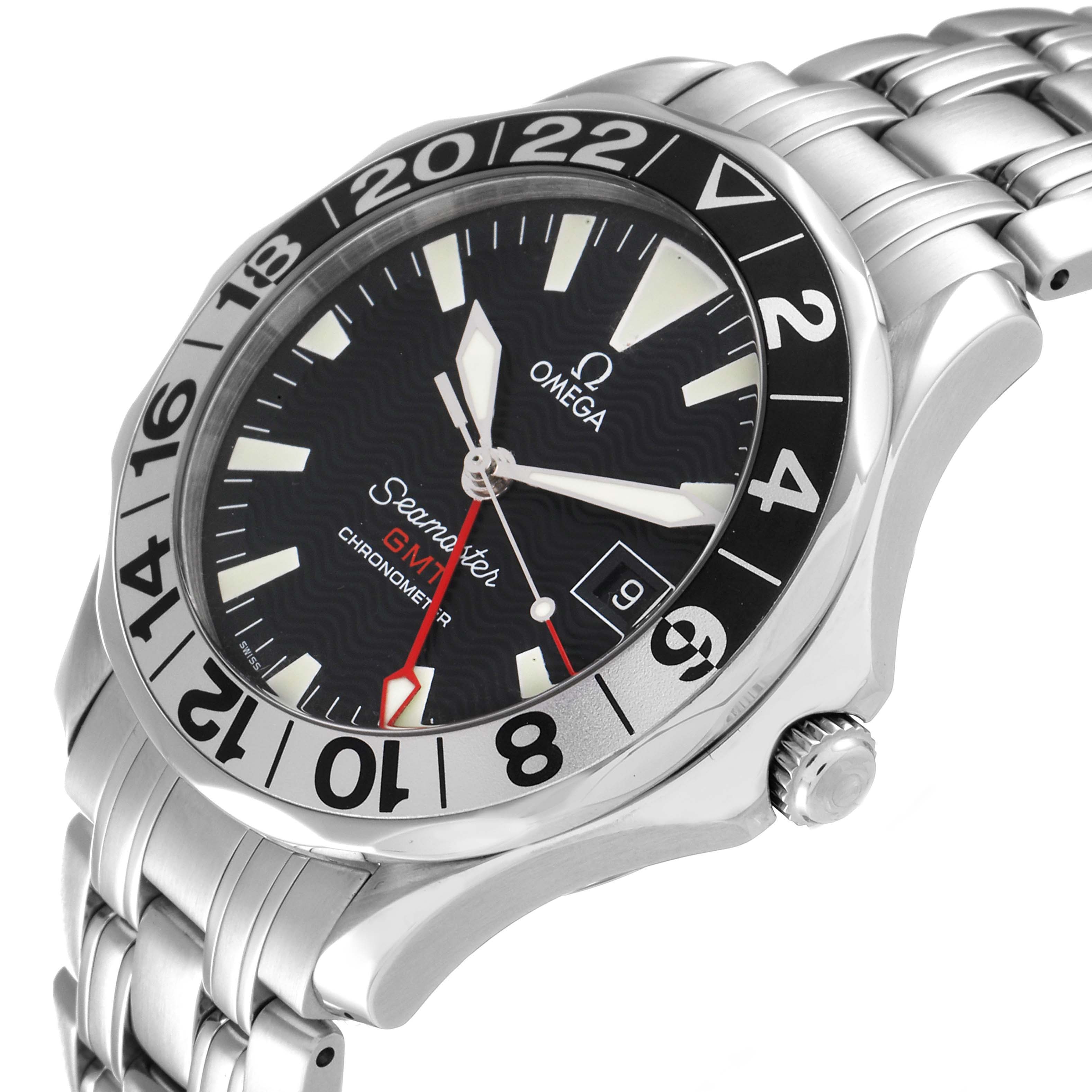 The Omega Seamaster 2534.50.00 Men's Stainless Steel Black Dial 2534.50.00 Men's Stainless Steel Black Dial GMT watch is shown at an angle highlighting the bezel, crown, dial, and part of the stainless steel bracelet.