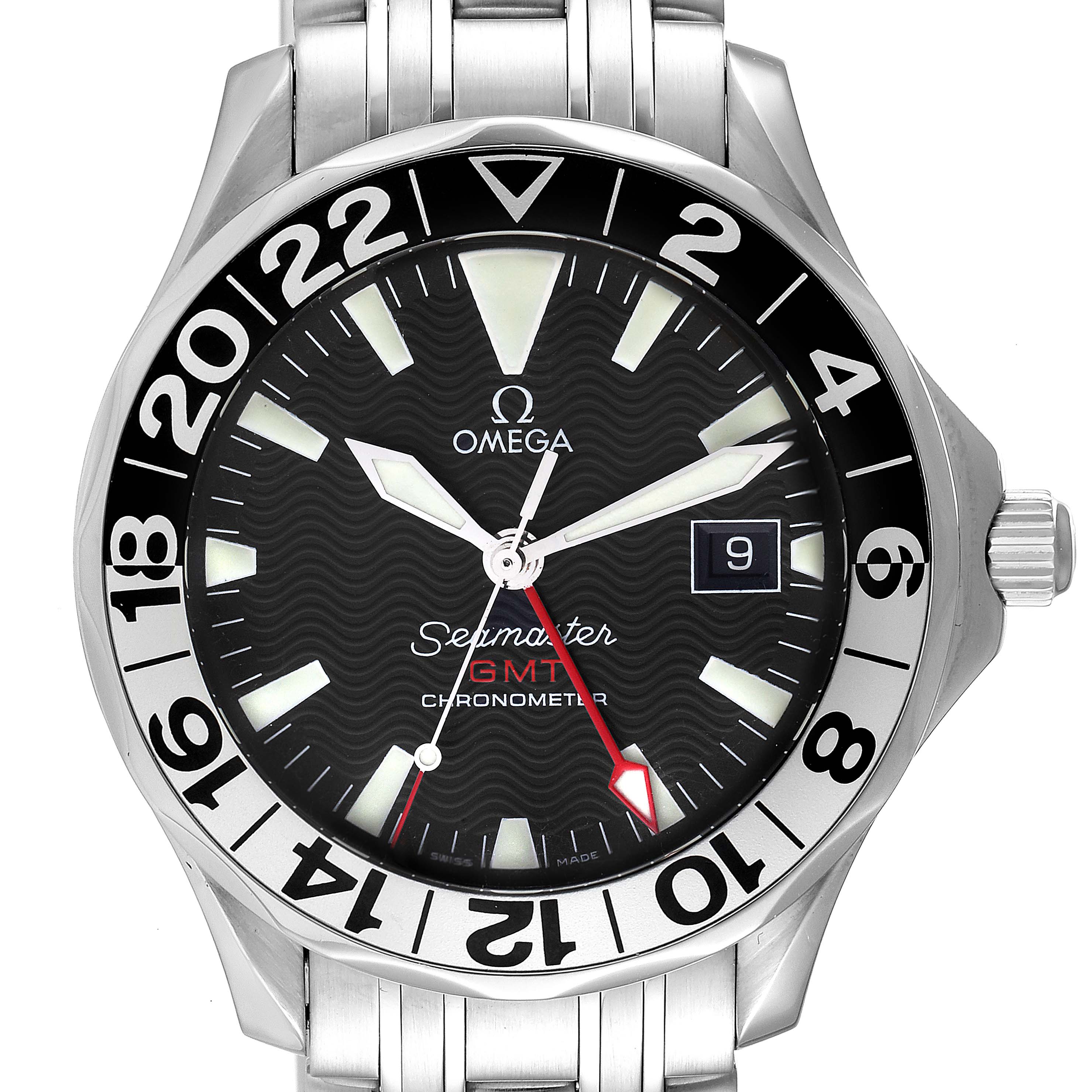 The image shows a front view of the Omega Seamaster 2534.50.00 Men's Stainless Steel Black Dial 2534.50.00 Men's Stainless Steel Black Dial GMT watch, highlighting the dial, bezel, date window, and part of the bracelet.