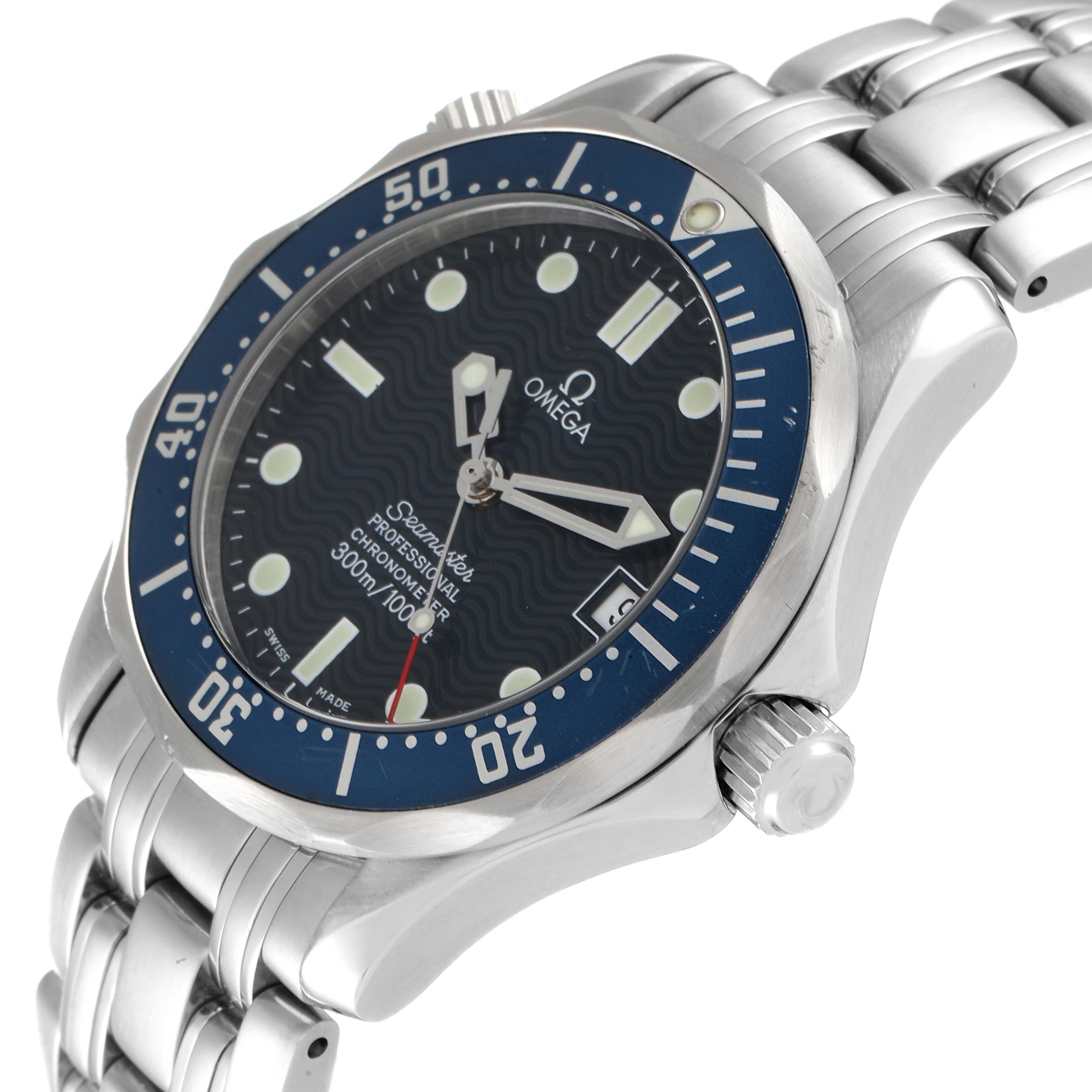 The image shows a silver Omega Seamaster 2551.80.00 Men's Stainless Steel Blue Dial 2551.80.00 Men's Stainless Steel Blue Dial watch at an angled close-up, focusing on the face, bezel, crown, and part of the bracelet.