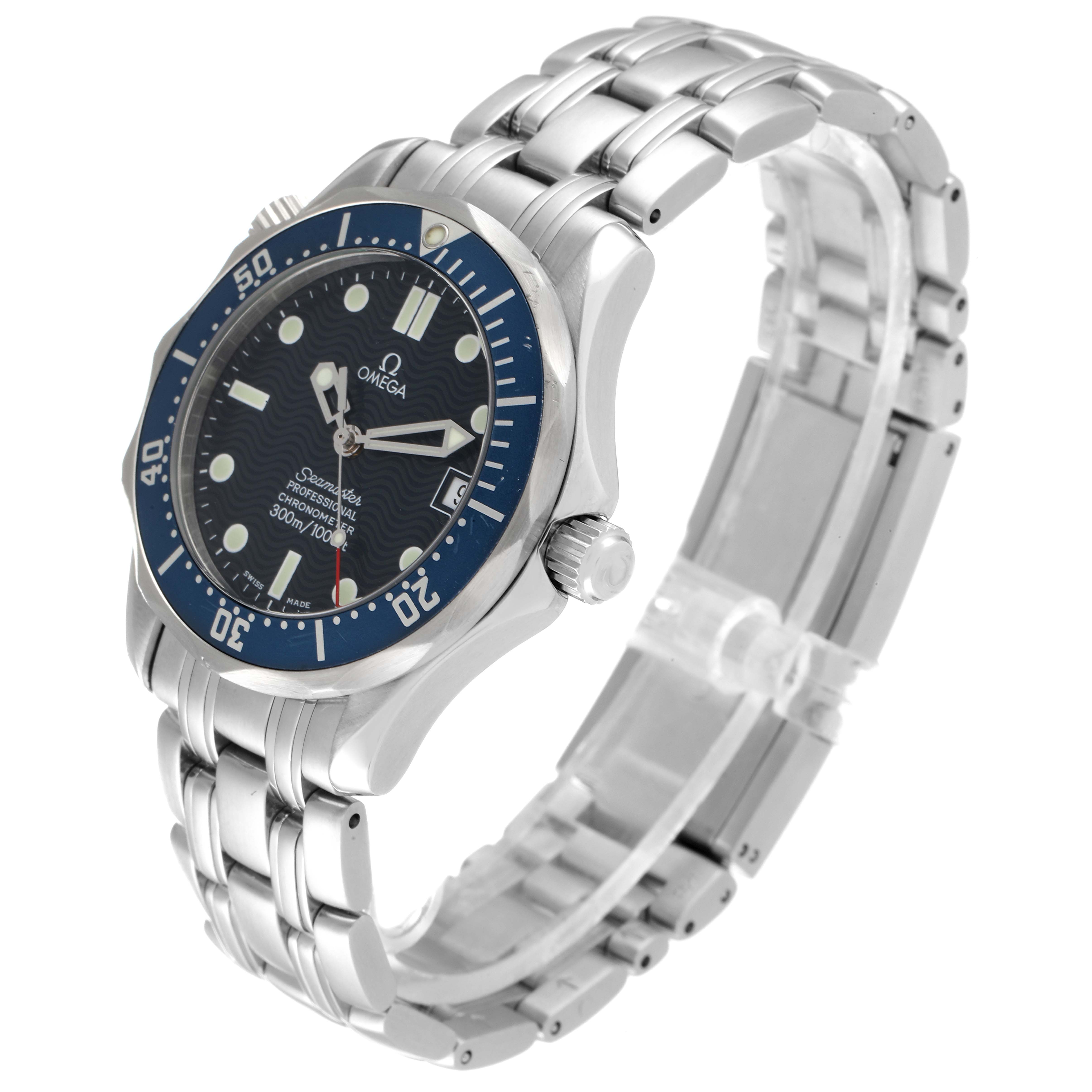 This image shows an Omega Seamaster 2551.80.00 Men's Stainless Steel Blue Dial 2551.80.00 Men's Stainless Steel Blue Dial watch at a three-quarter angle highlighting the dial, bezel, crown, and stainless steel bracelet.