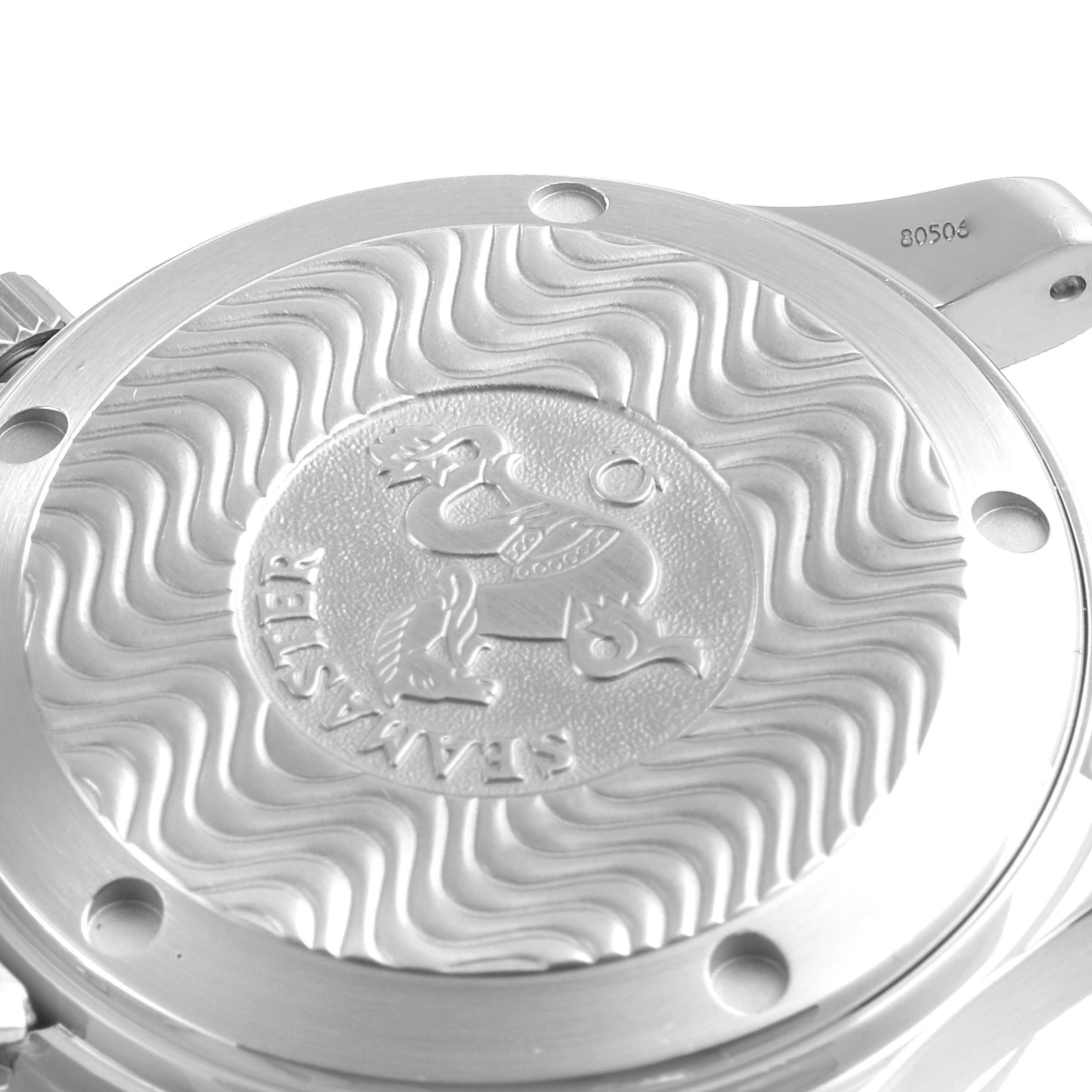 The image shows the case back of the Omega Seamaster 2551.80.00 Men's Stainless Steel Blue Dial 2551.80.00 Men's Stainless Steel Blue Dial watch, featuring the signature Seamaster engravings.