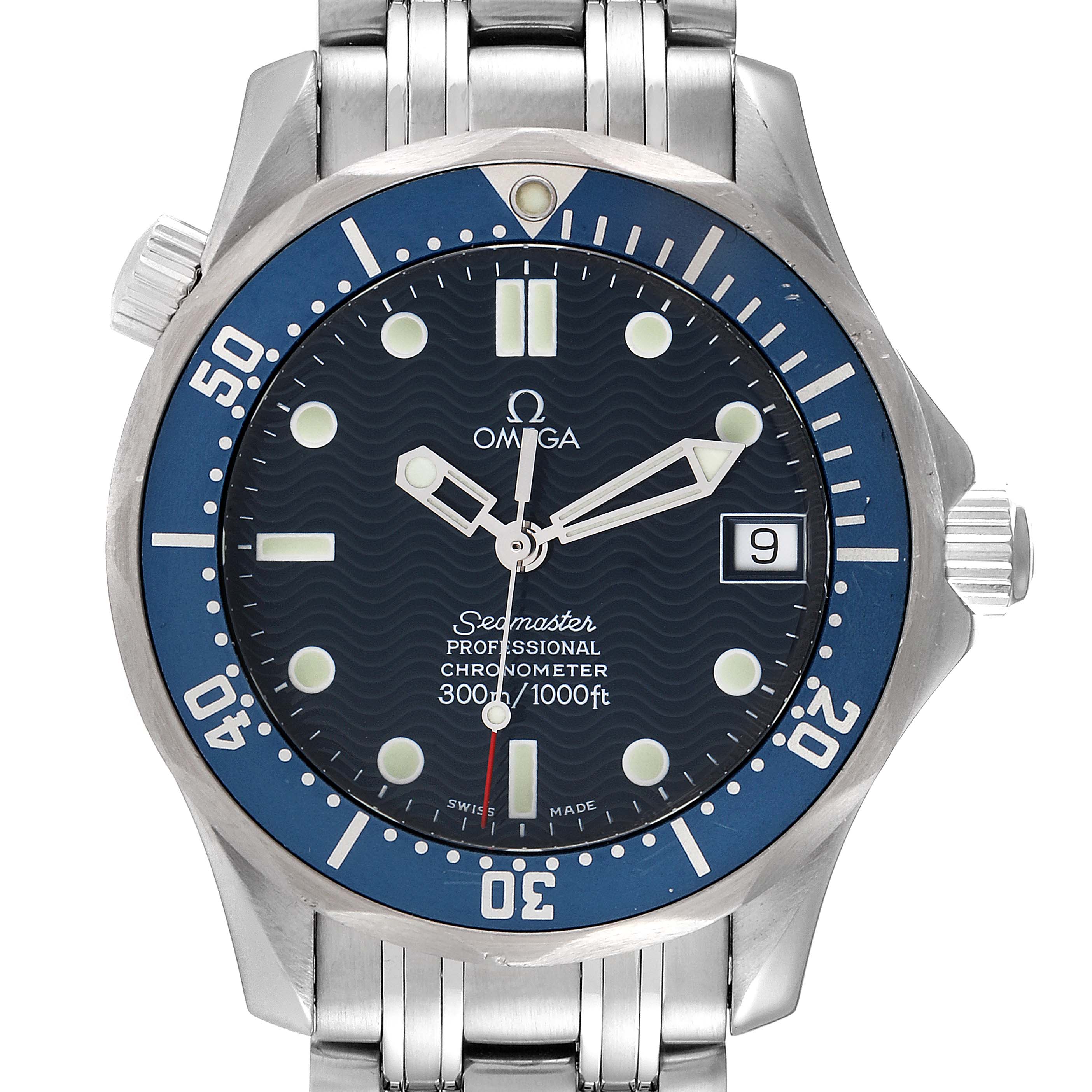 The image shows a front view of the Omega Seamaster 2551.80.00 Men's Stainless Steel Blue Dial 2551.80.00 Men's Stainless Steel Blue Dial watch, highlighting the dial, hands, date window, and part of the bracelet.