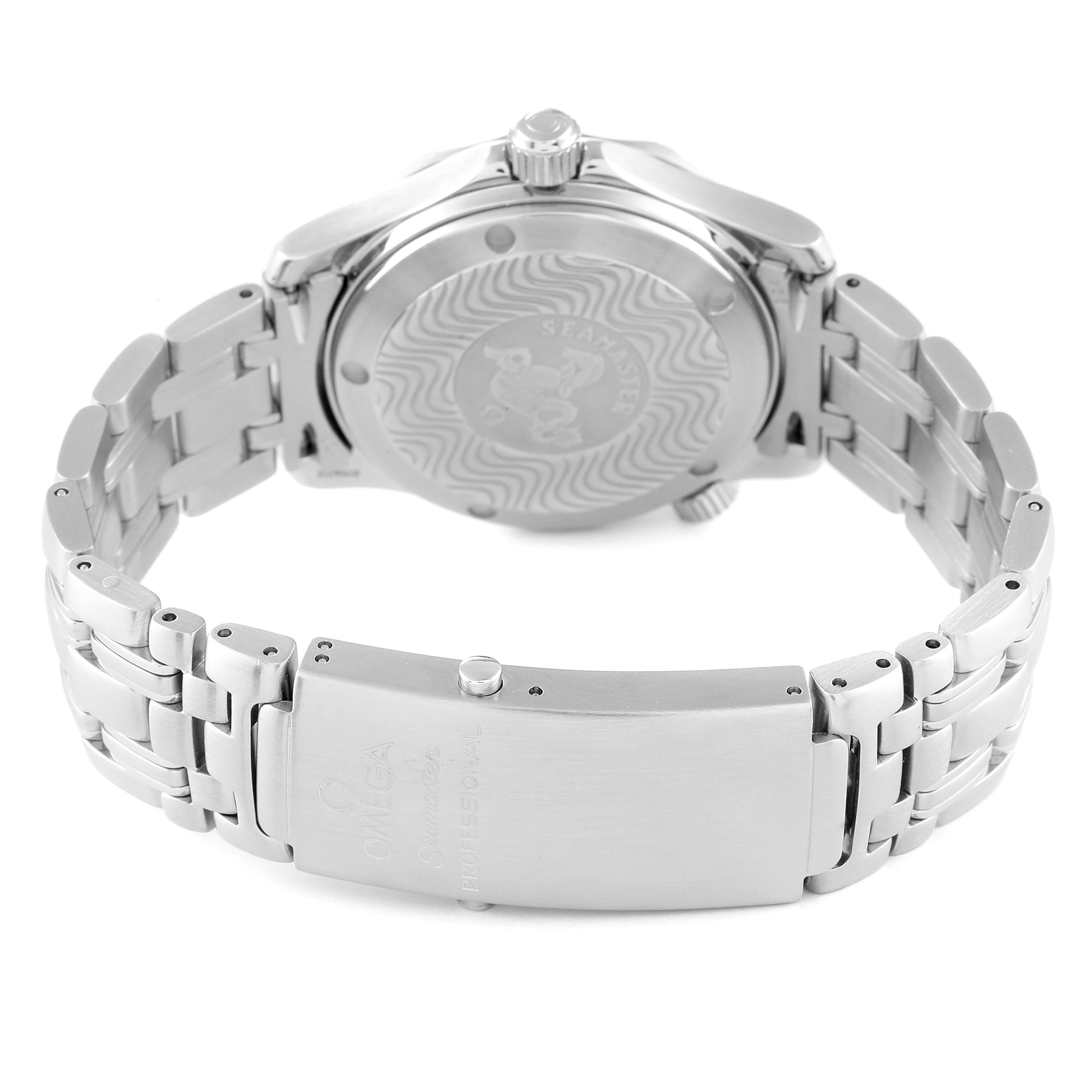 The image shows the back case and bracelet clasp of the Omega Seamaster 2551.80.00 Men's Stainless Steel Blue Dial 2551.80.00 Men's Stainless Steel Blue Dial watch from a rear angle.