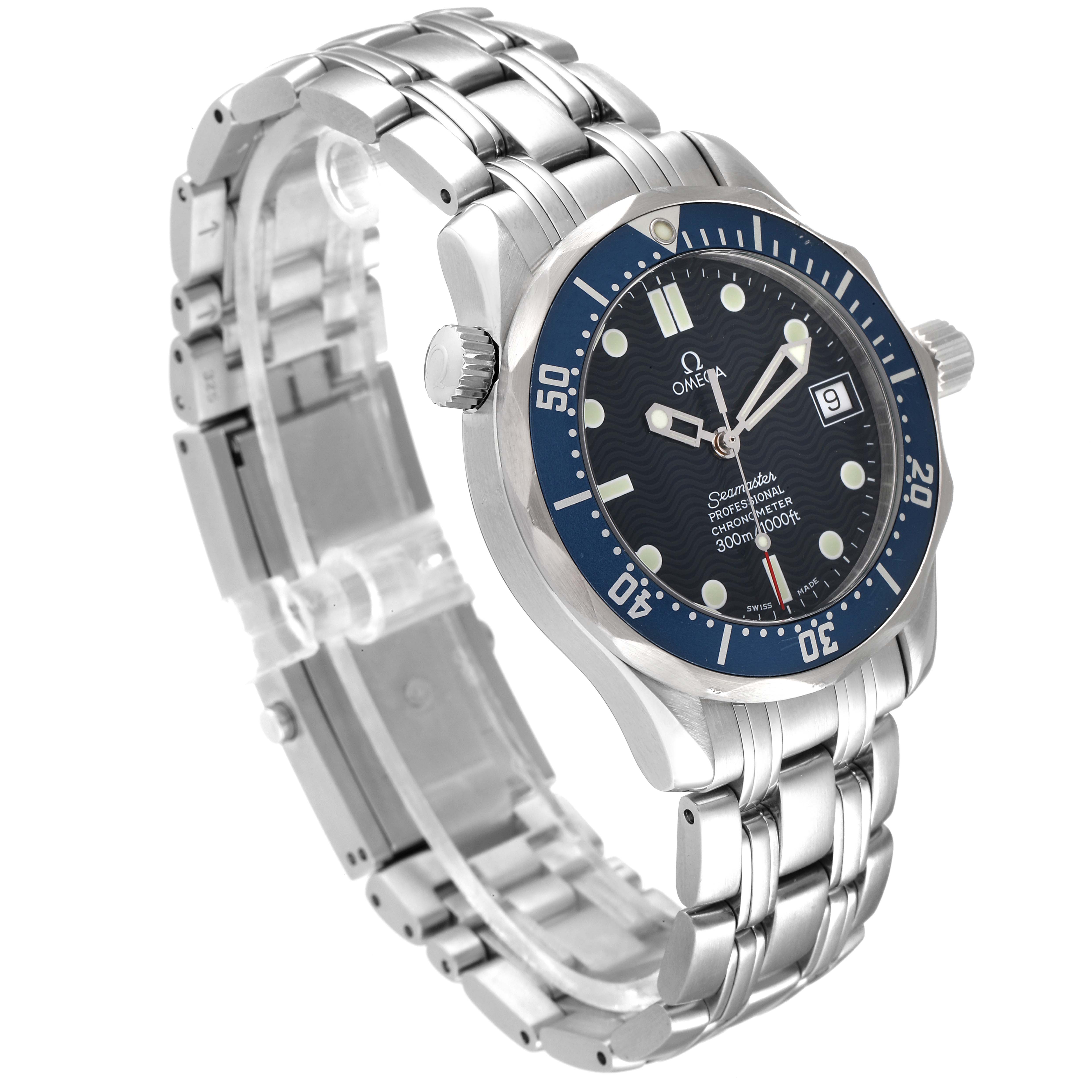 The Omega Seamaster 2551.80.00 Men's Stainless Steel Blue Dial 2551.80.00 Men's Stainless Steel Blue Dial watch is shown from a front-side angle, displaying its face, bezel, crown, and metal bracelet.