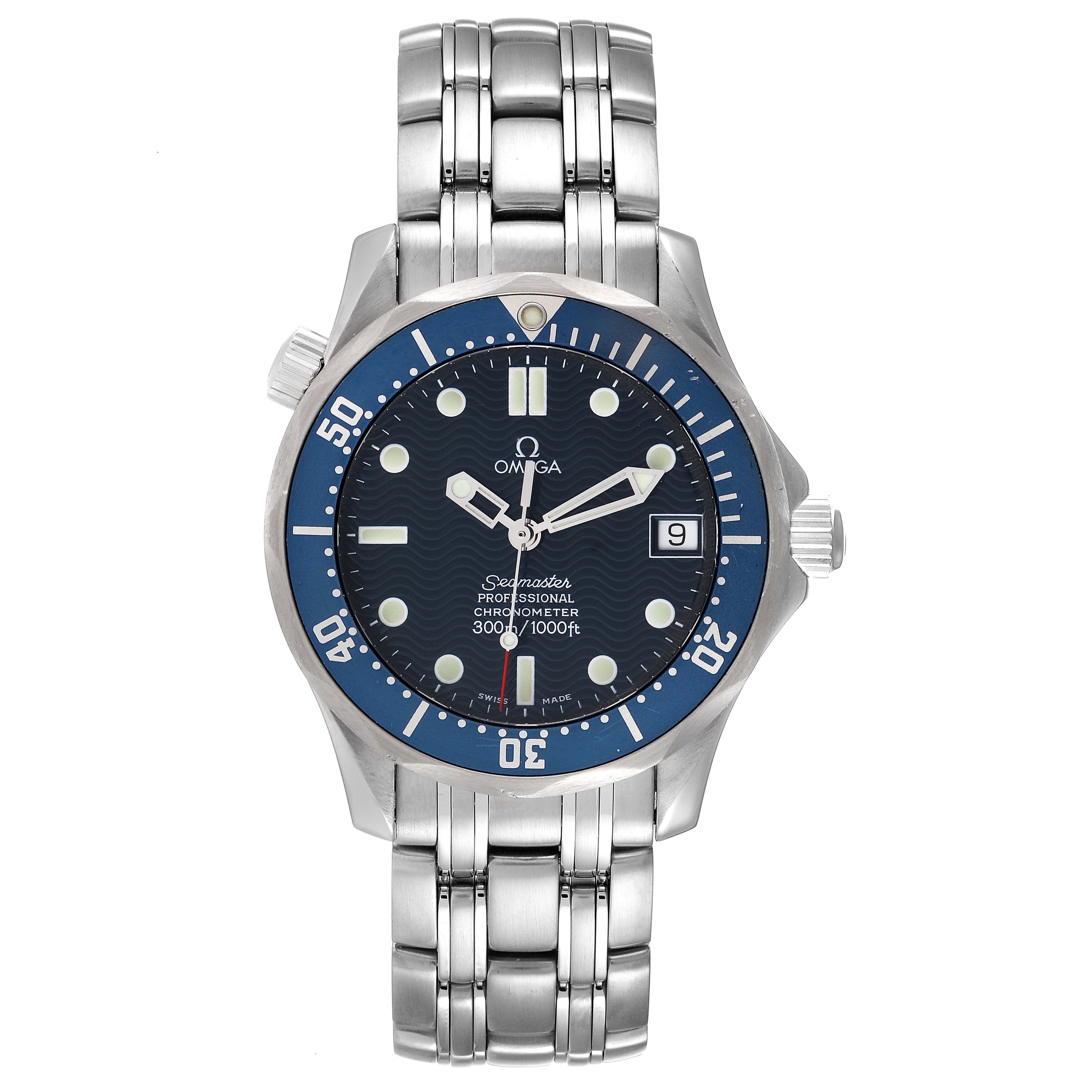 This image shows a front view of the Omega Seamaster 2551.80.00 Men's Stainless Steel Blue Dial 2551.80.00 Men's Stainless Steel Blue Dial watch, displaying the face, bezel, crown, and stainless steel bracelet.