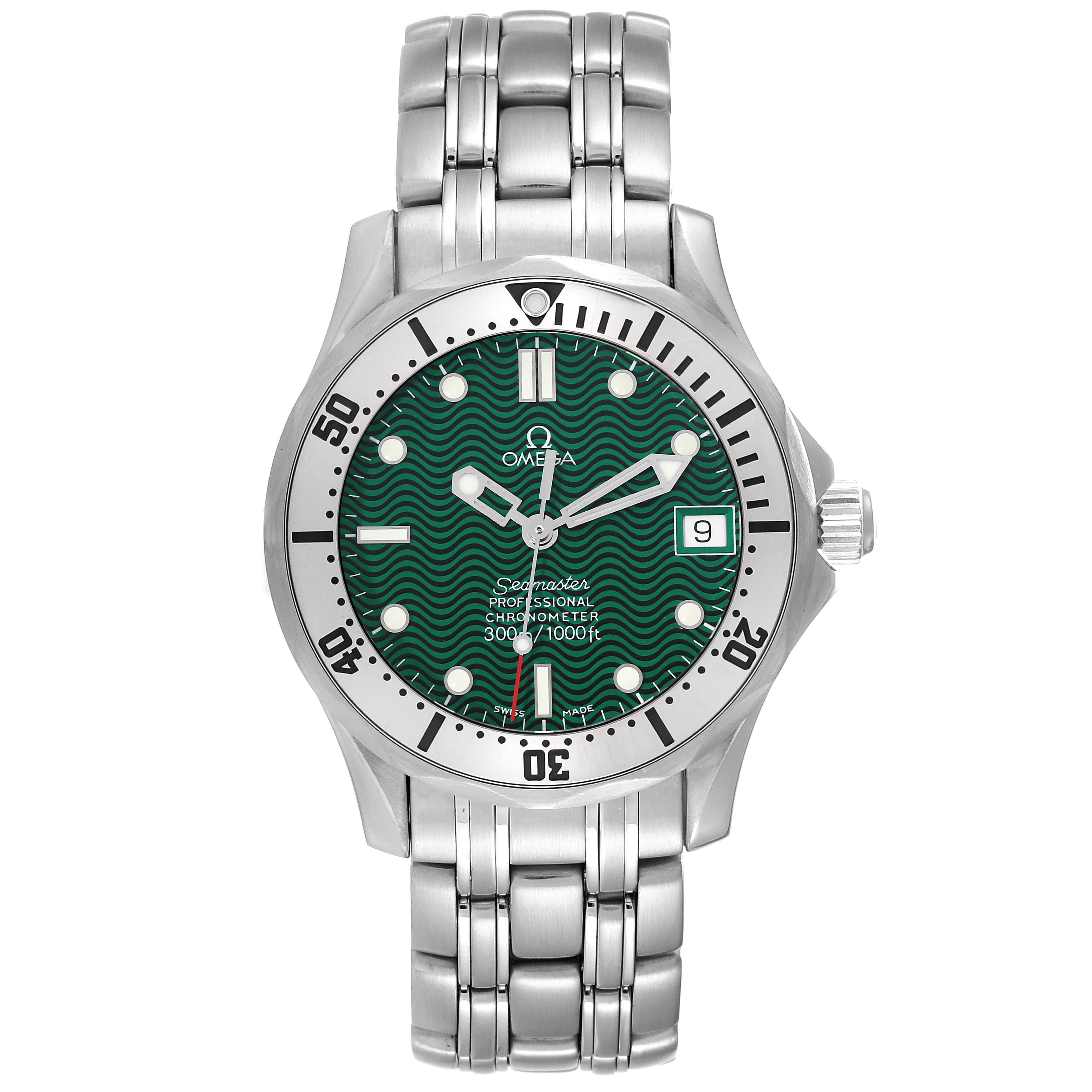 The image shows a front view of an Omega Seamaster 2553.41.00 Men's Stainless Steel Green Dial 2553.41.00 Men's Stainless Steel Green Dial watch, highlighting the green dial, bezel, and metal bracelet.