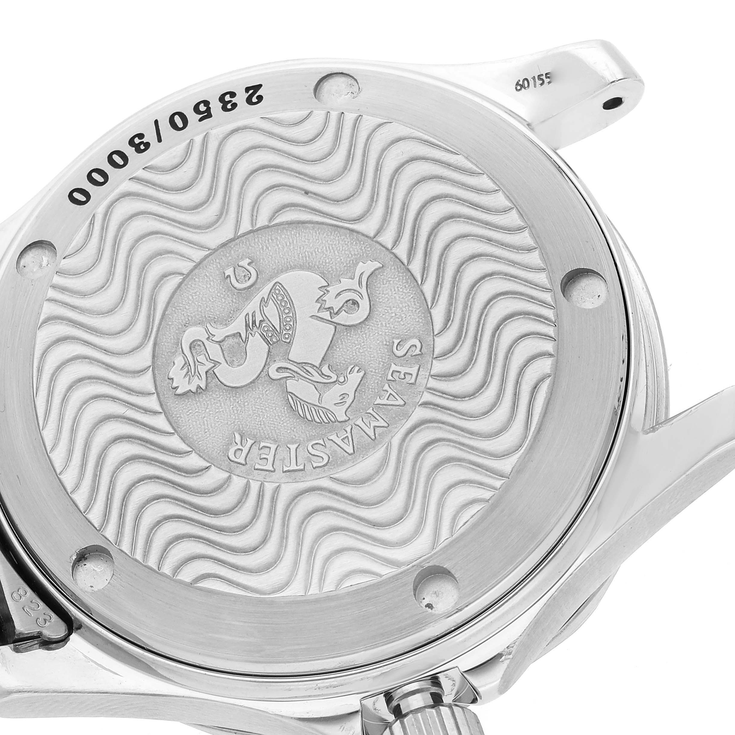 The image shows the back case of the Omega Seamaster 2553.41.00 Men's Stainless Steel Green Dial 2553.41.00 Men's Stainless Steel Green Dial watch, displaying its engraved design and limited edition number 2350/3000.