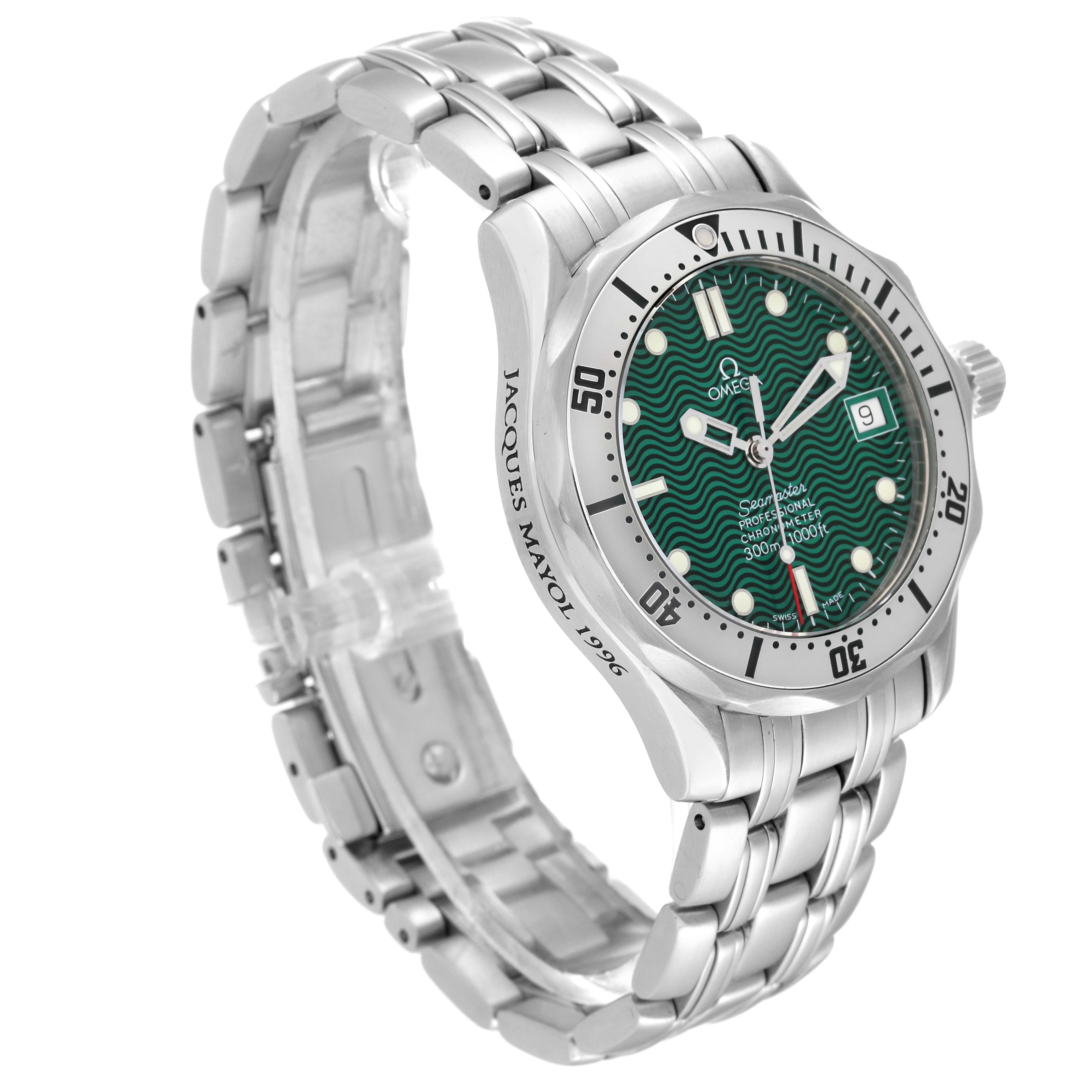 The image shows a side-angle view of an Omega Seamaster 2553.41.00 Men's Stainless Steel Green Dial 2553.41.00 Men's Stainless Steel Green Dial watch, highlighting the dial, bezel, case, and bracelet.