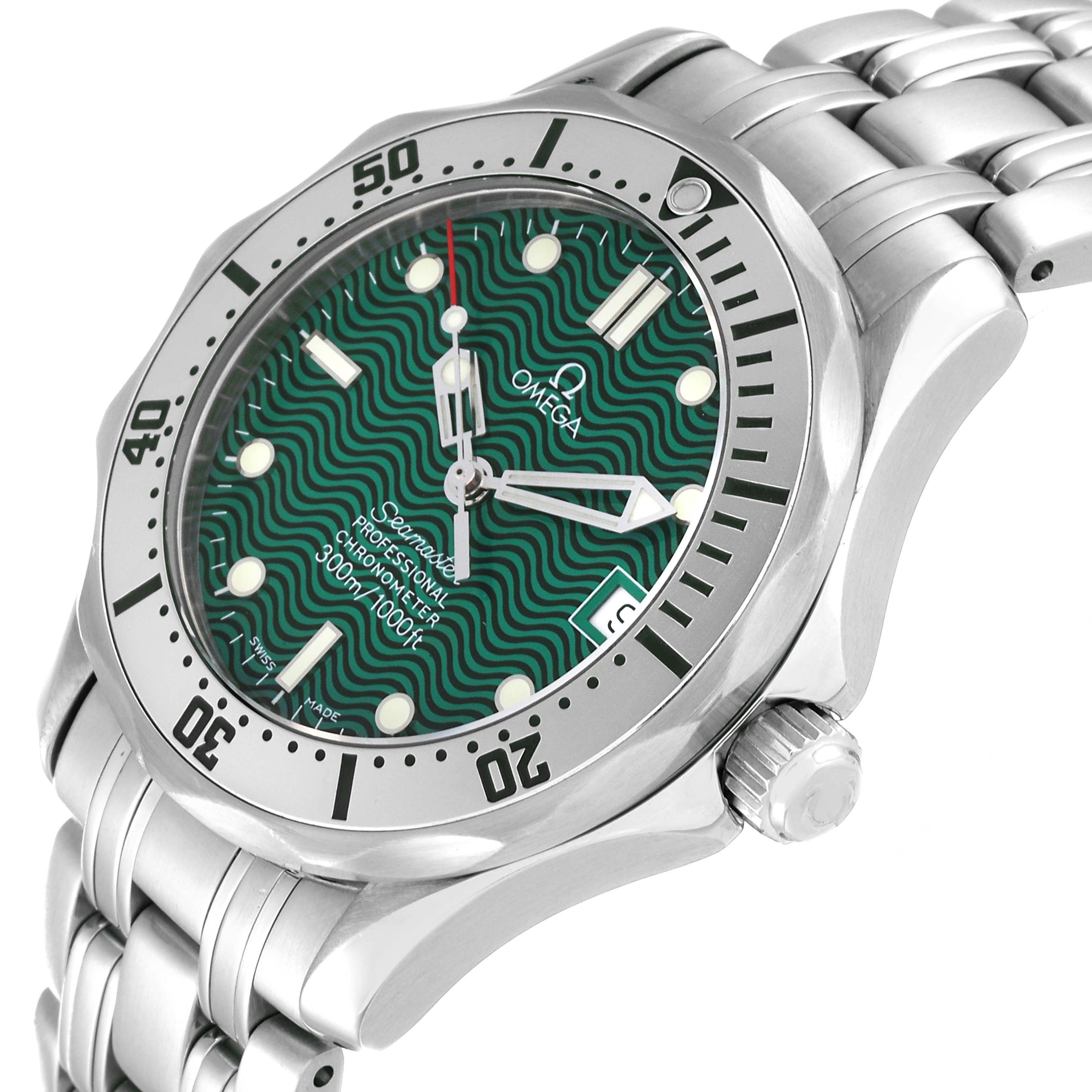 The Omega Seamaster 2553.41.00 Men's Stainless Steel Green Dial 2553.41.00 Men's Stainless Steel Green Dial watch is shown from an angled side view, displaying its dial, bezel, crown, and part of the bracelet.
