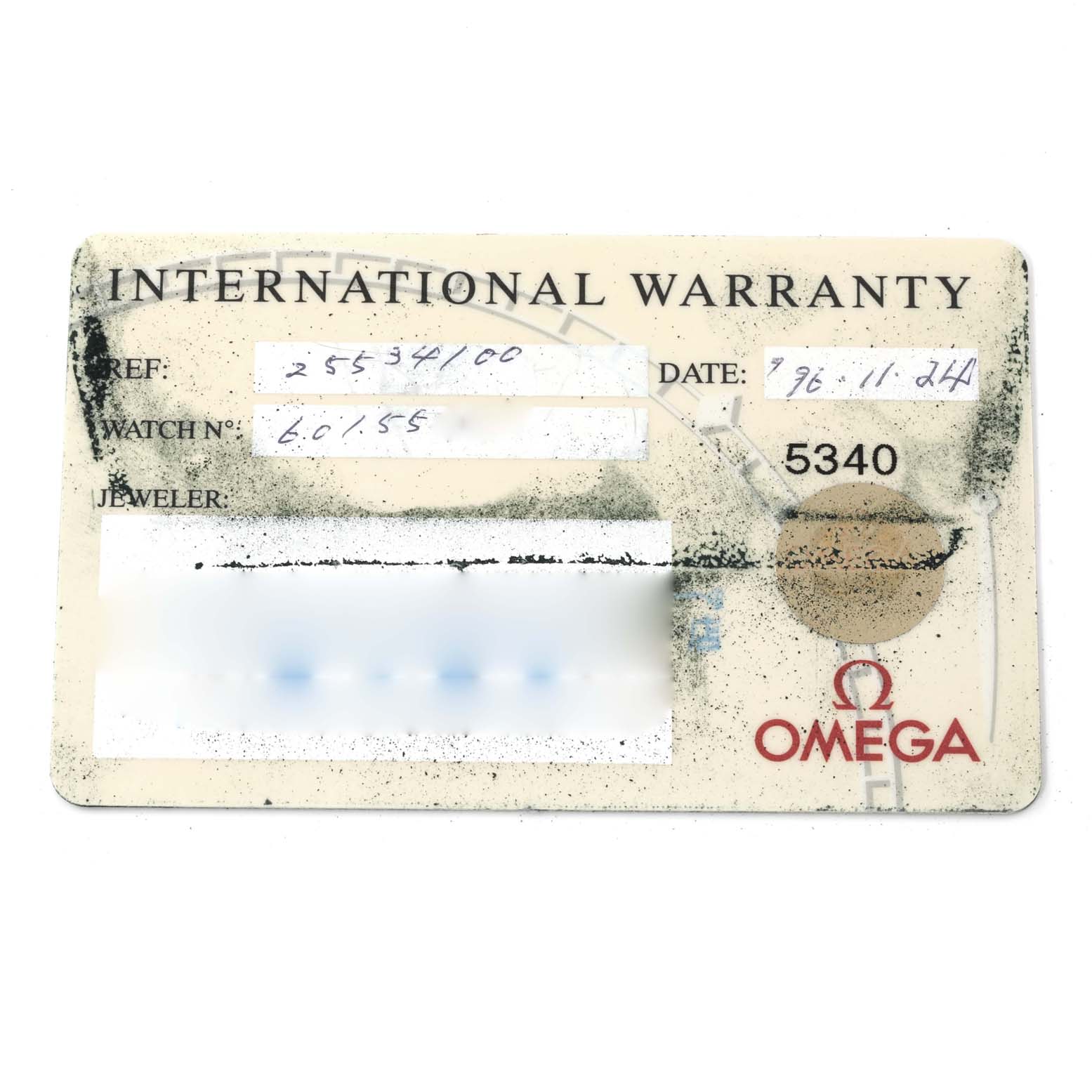 The image shows an International Warranty card for an Omega Seamaster 2553.41.00 Men's Stainless Steel Green Dial 2553.41.00 Men's Stainless Steel Green Dial watch, displaying reference and watch numbers.