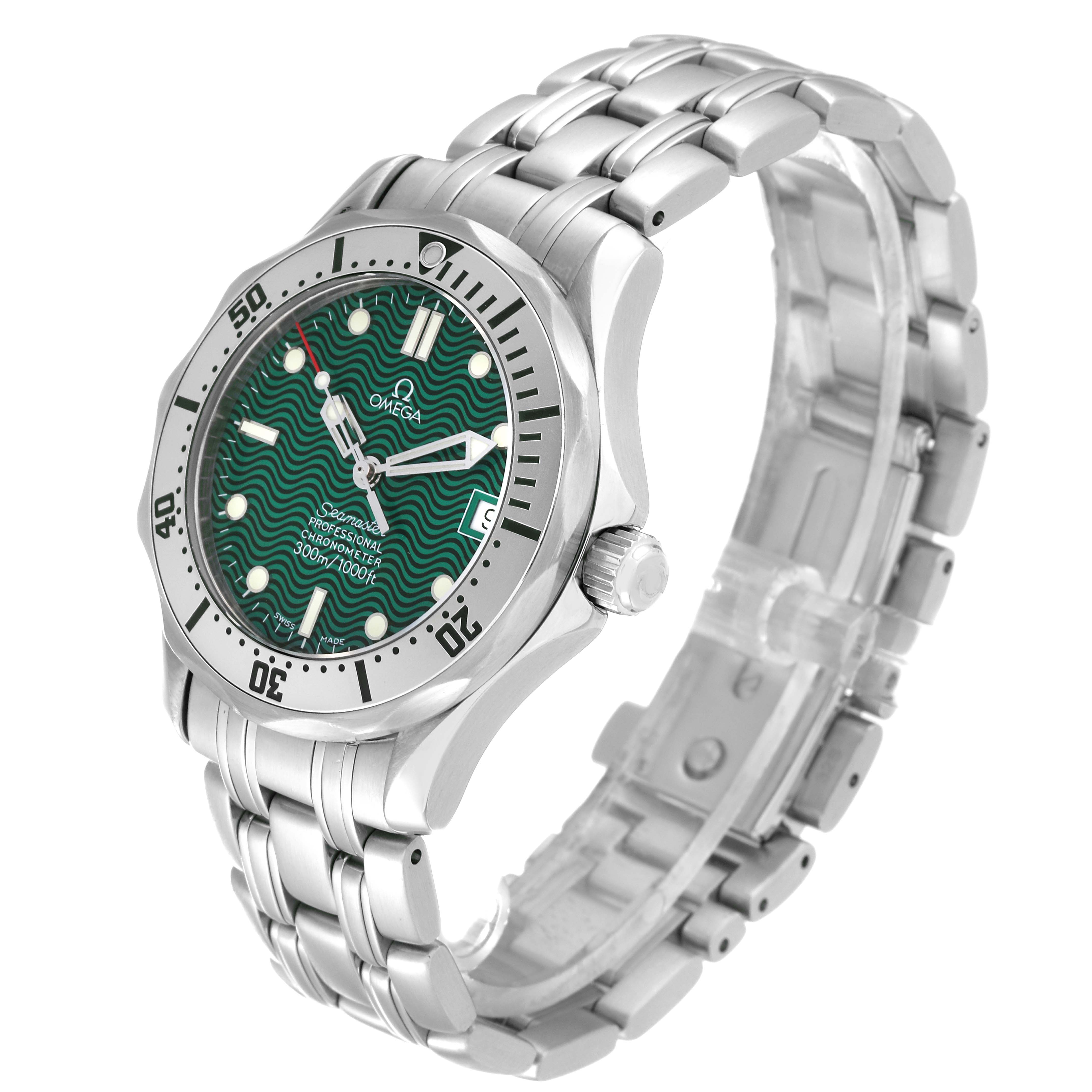 This image shows an Omega Seamaster 2553.41.00 Men's Stainless Steel Green Dial 2553.41.00 Men's Stainless Steel Green Dial watch at a 3/4 angle, highlighting its face, bezel, crown, and bracelet.