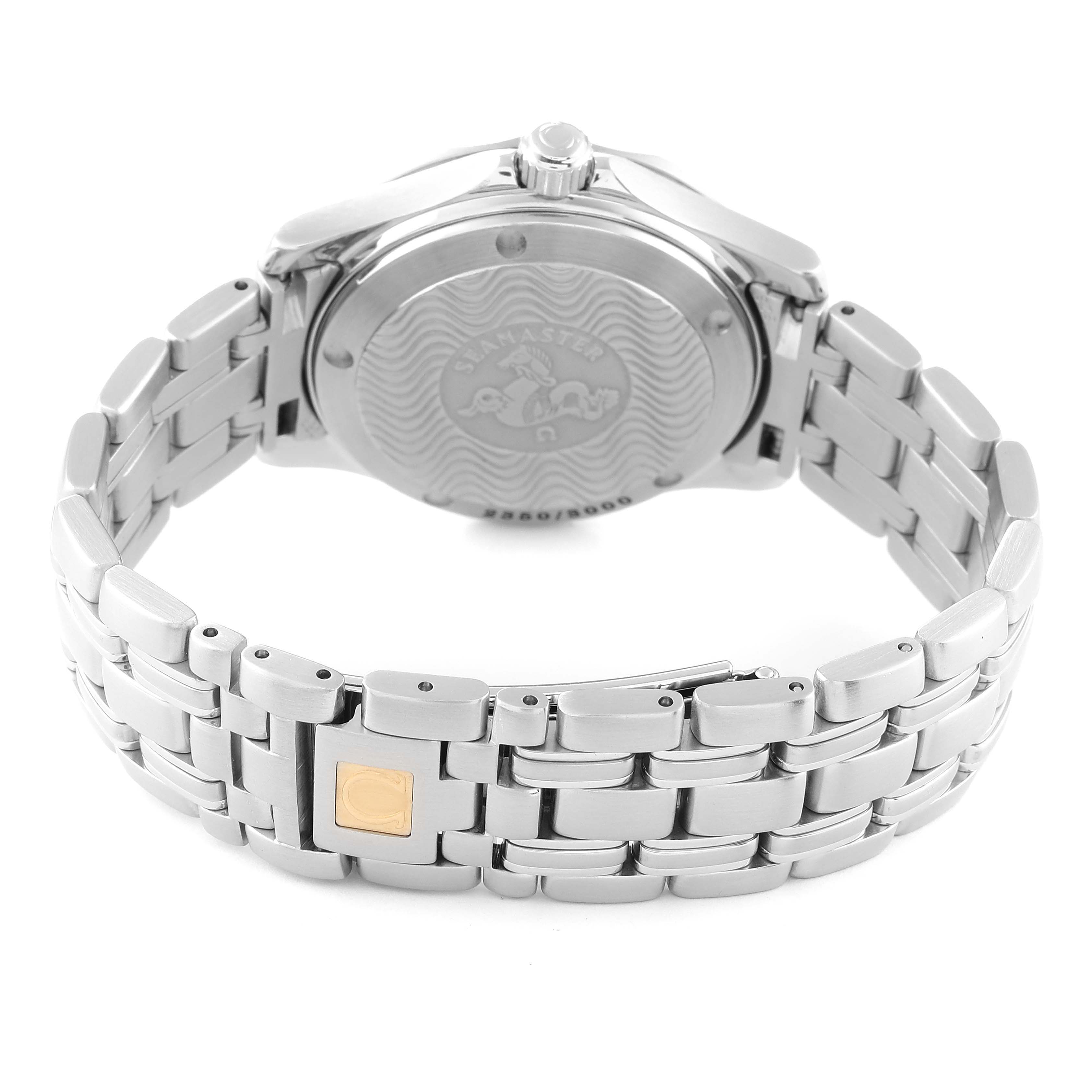 This image shows the back view of the Omega Seamaster 2553.41.00 Men's Stainless Steel Green Dial 2553.41.00 Men's Stainless Steel Green Dial watch displaying its case back and metal bracelet.