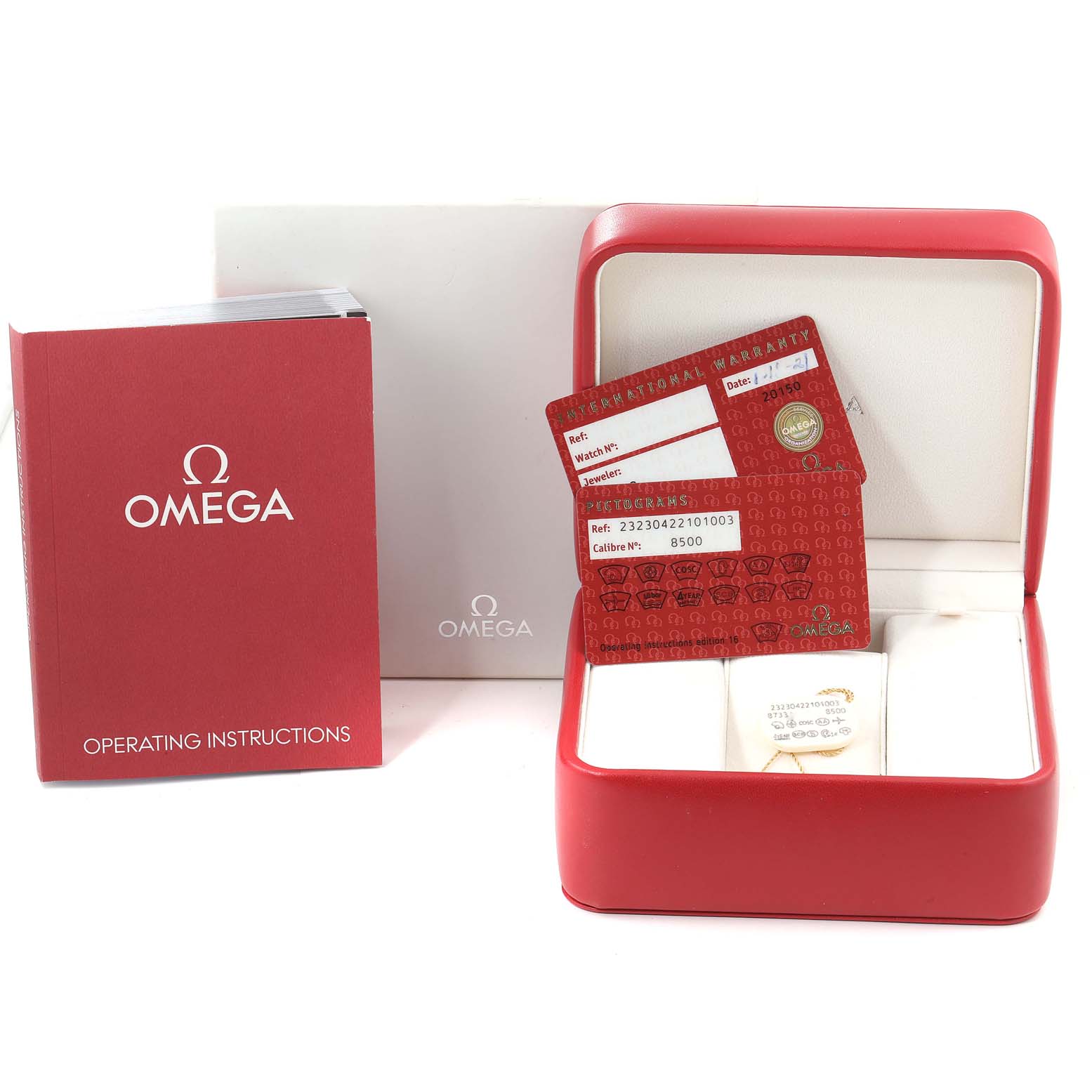 The image shows the packaging, instruction manual, and warranty cards for the Omega Planet Ocean 232.30.42.21.01.003 Men
s Stainless Steel Black Dial 232.30.42.21.01.003 Men
s Stainless Steel Black Dial watch model.