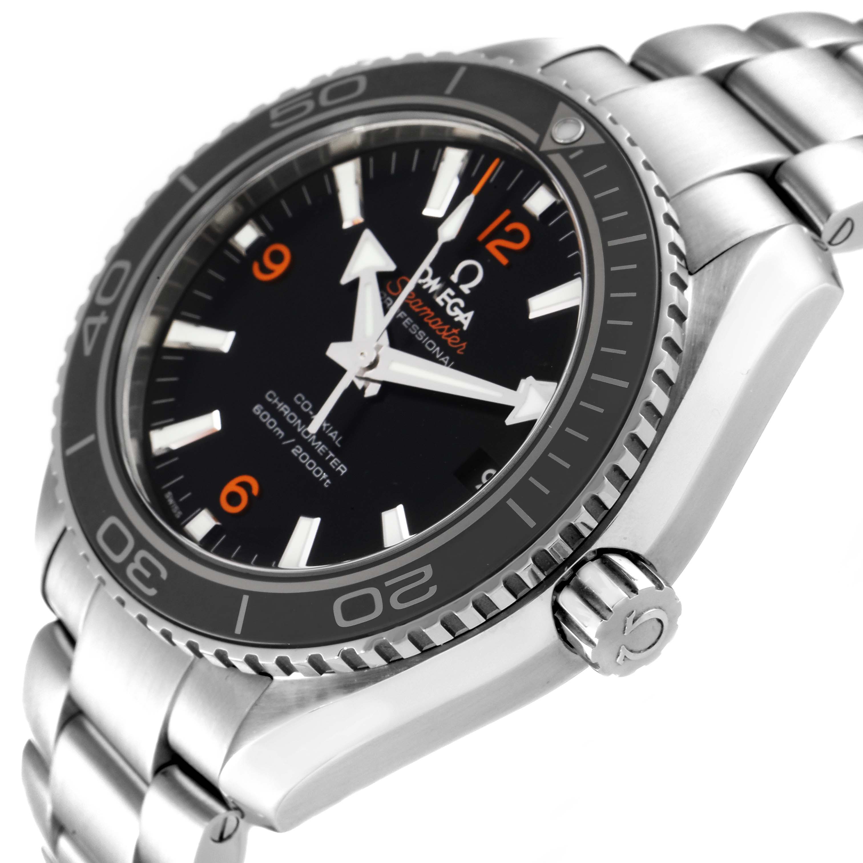 The image shows a side angle of the Omega Planet Ocean 232.30.42.21.01.003 Men
s Stainless Steel Black Dial 232.30.42.21.01.003 Men
s Stainless Steel Black Dial watch, highlighting its bezel, crown, and bracelet.