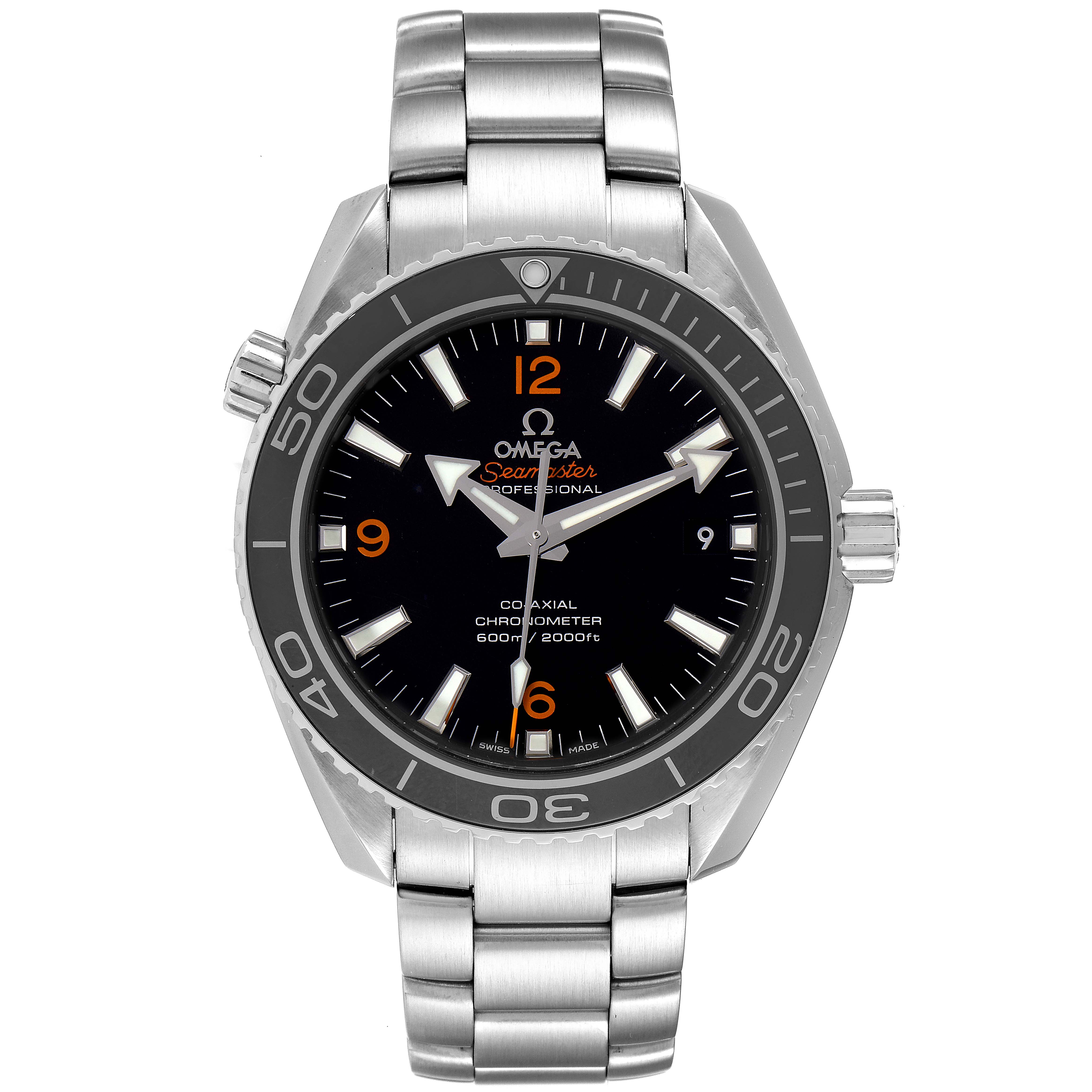 This image shows a front view of the Omega Planet Ocean 232.30.42.21.01.003 Men
s Stainless Steel Black Dial 232.30.42.21.01.003 Men
s Stainless Steel Black Dial model, including the dial, bezel, and metal bracelet.
