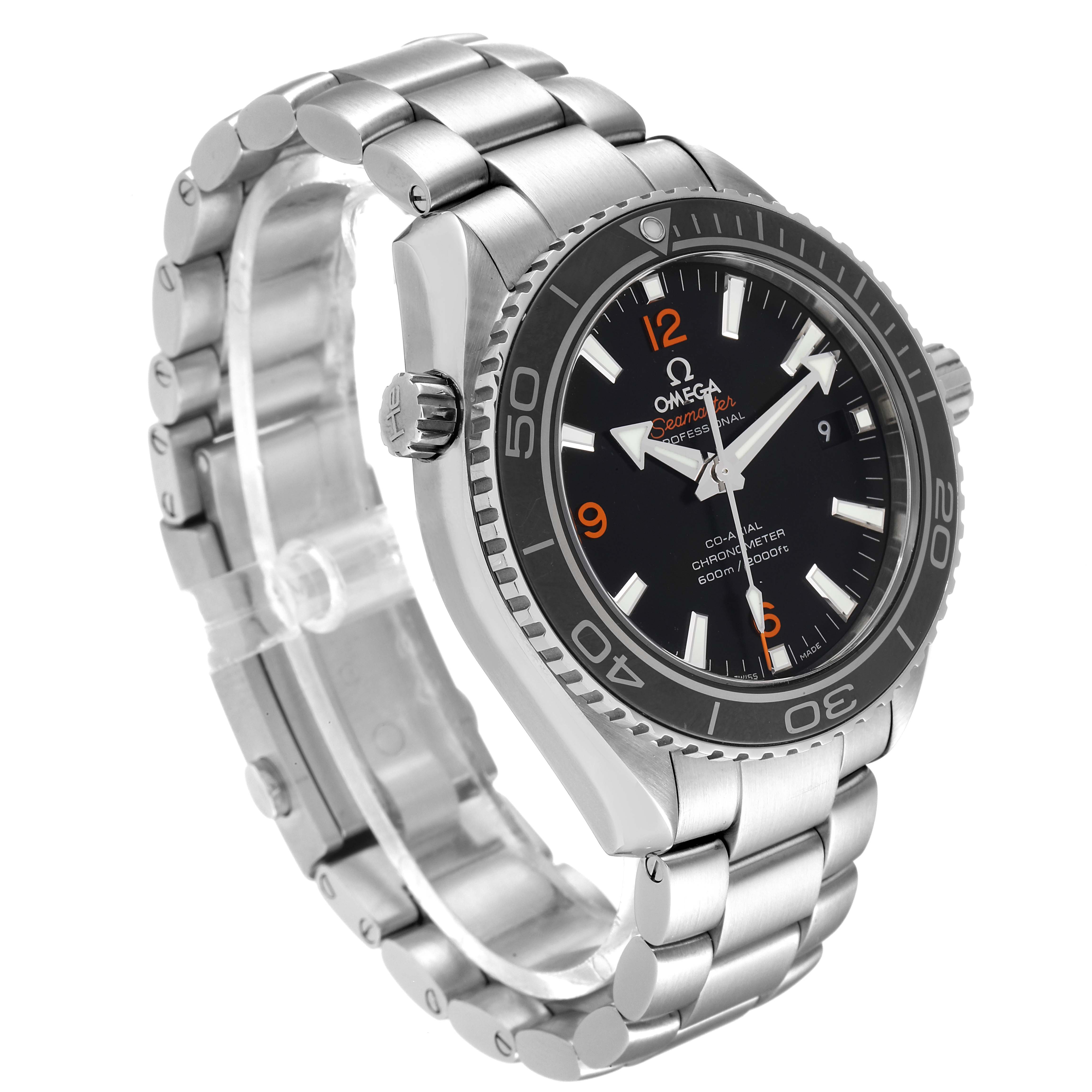 The image shows a side-angle view of an Omega Planet Ocean 232.30.42.21.01.003 Men
s Stainless Steel Black Dial 232.30.42.21.01.003 Men
s Stainless Steel Black Dial watch, highlighting the face, bezel, crown, and bracelet.